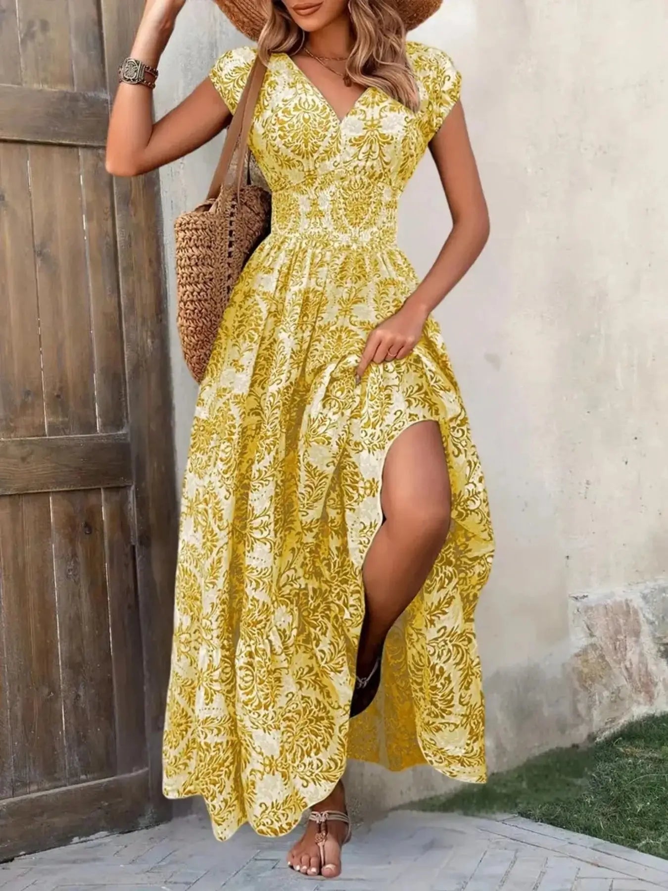 Printed Cap Sleeve Maxi Dress Trendsi