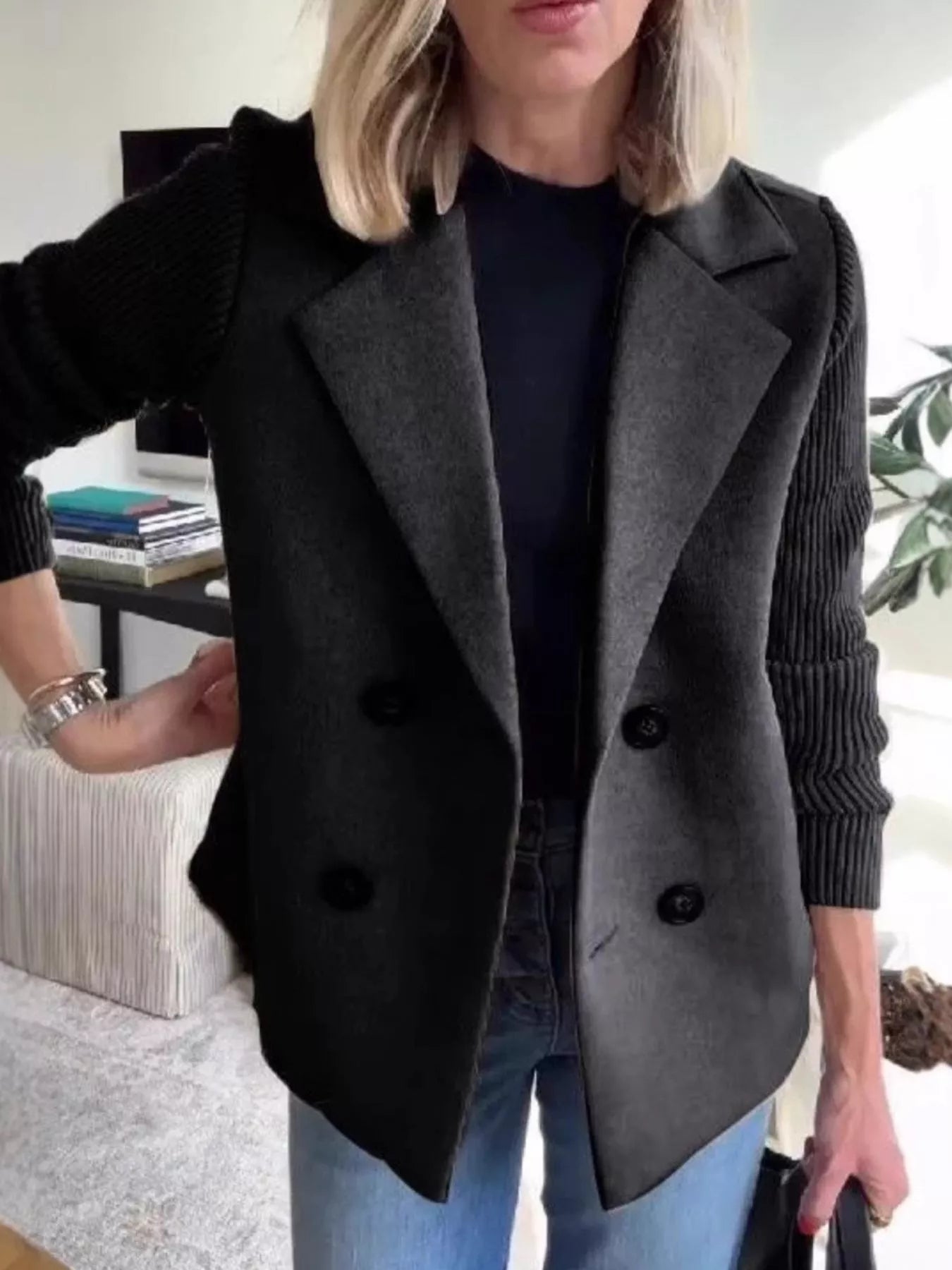 Women's Double-Breasted Jacket with Knit Sleeves