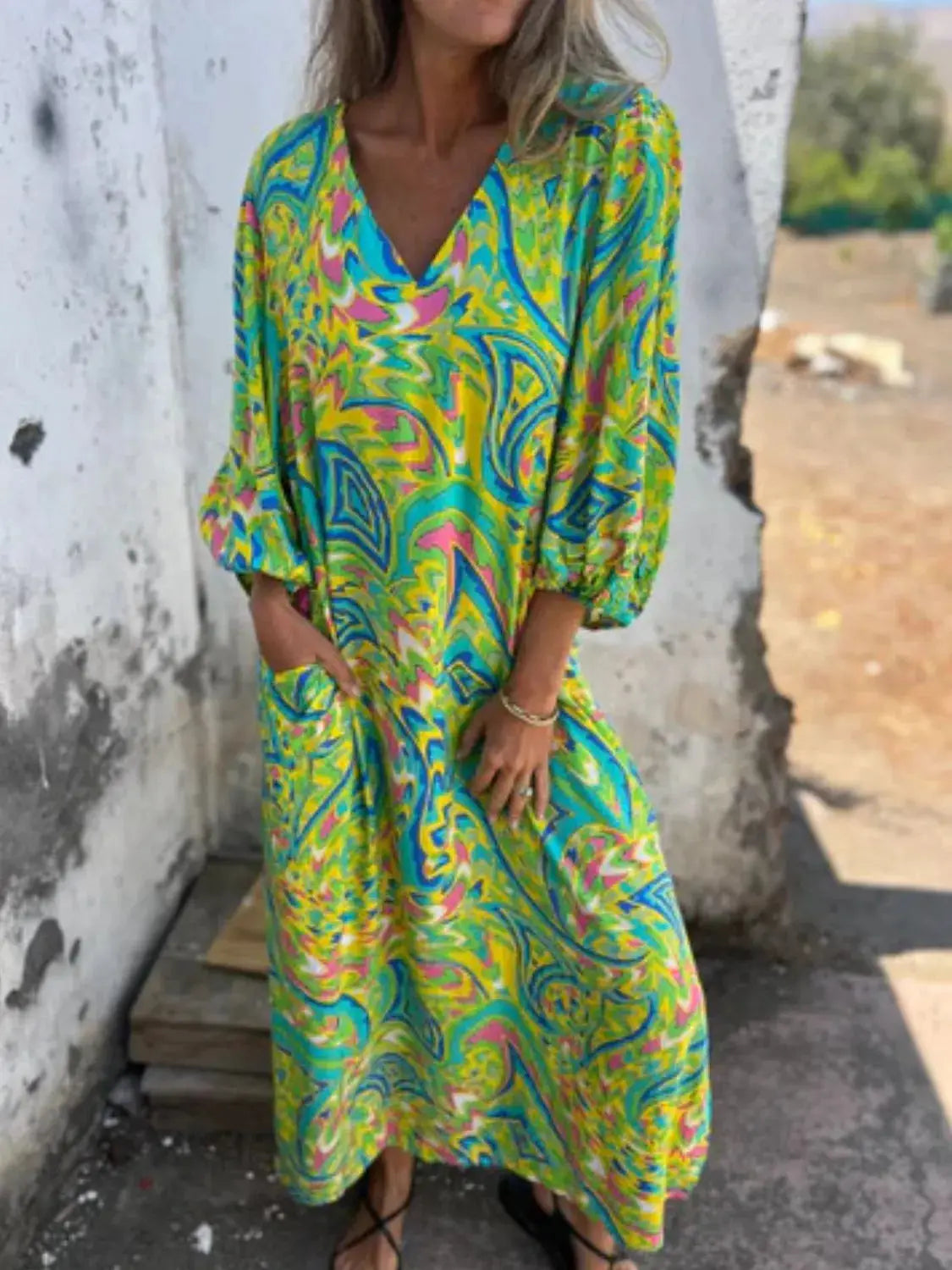 Full Size Printed V-Neck Dress with Pockets Plus Size Trendsi
