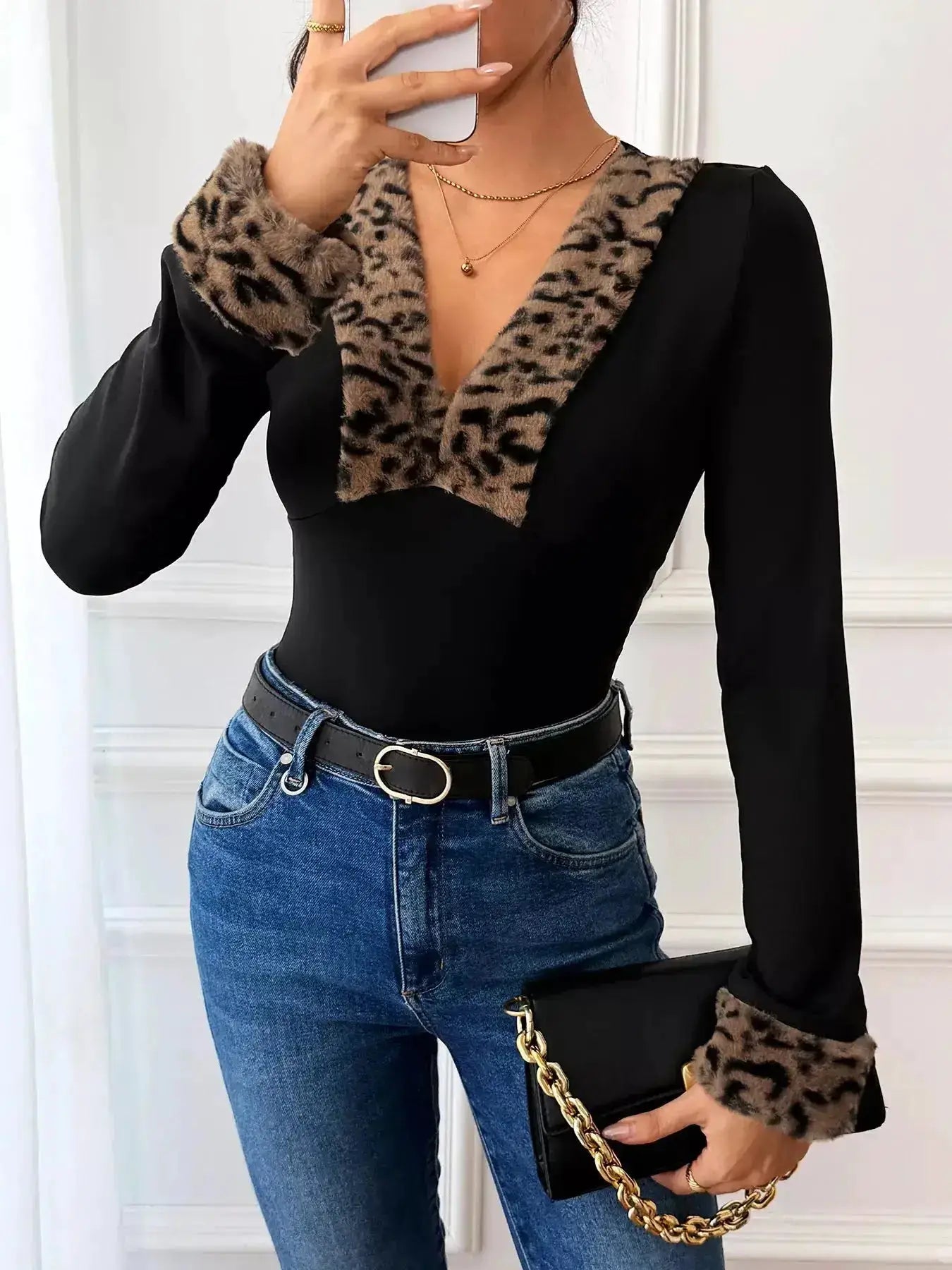 Leopard Trim V-Neck Long Sleeve Bodysuit by Parfymia