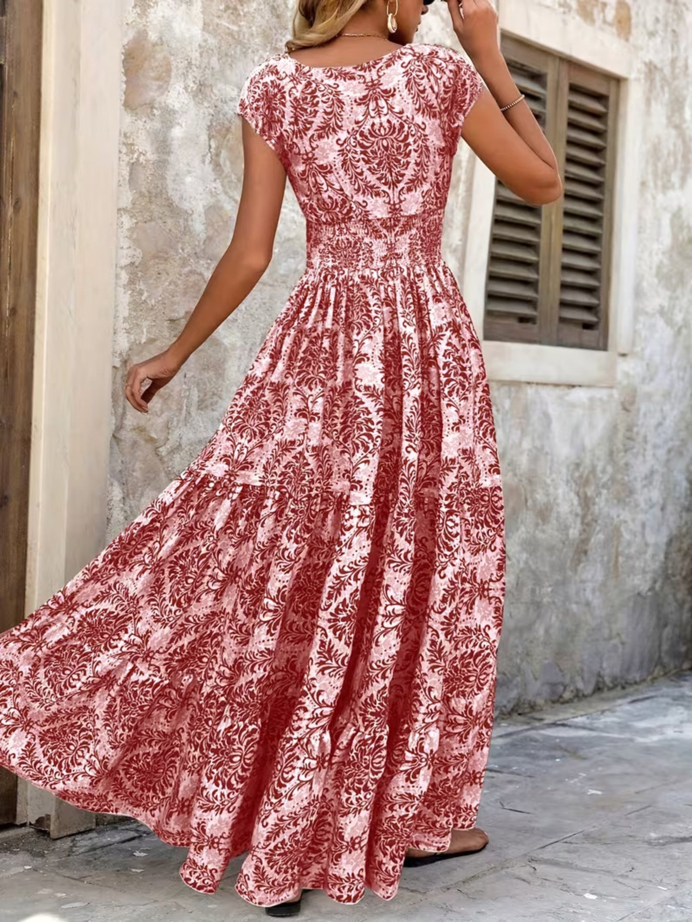 Printed Cap Sleeve Maxi Dress Trendsi