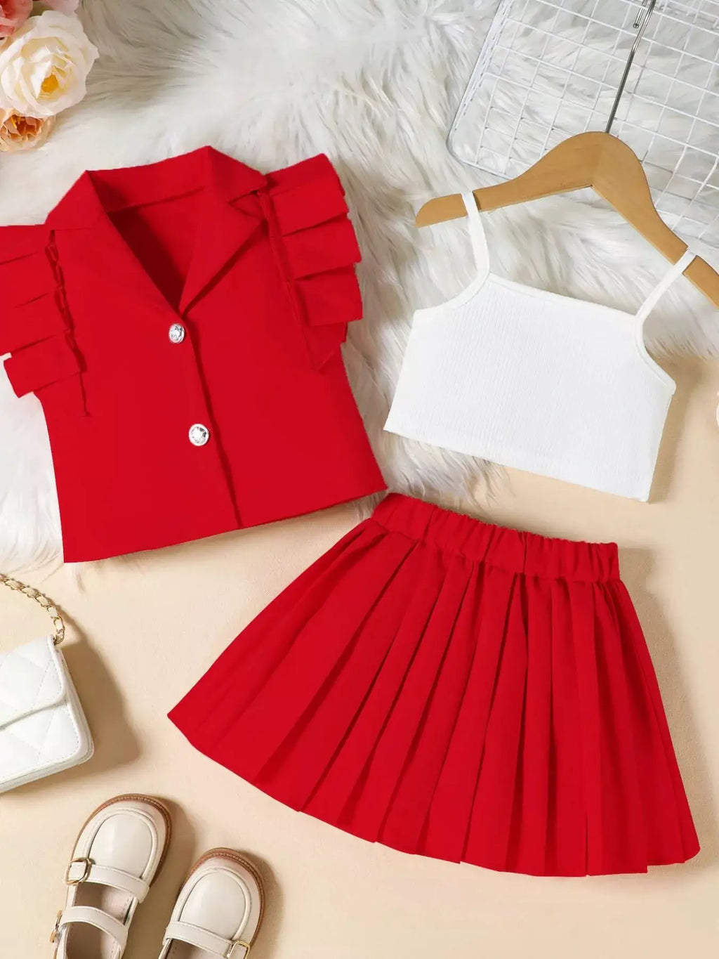 Girls Cami Top And Button Detail Pleated Skirt Set — Parfymia