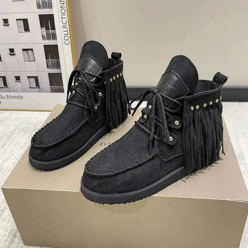 Canvas Fringe Studded Round Toe Boots by Parfymia