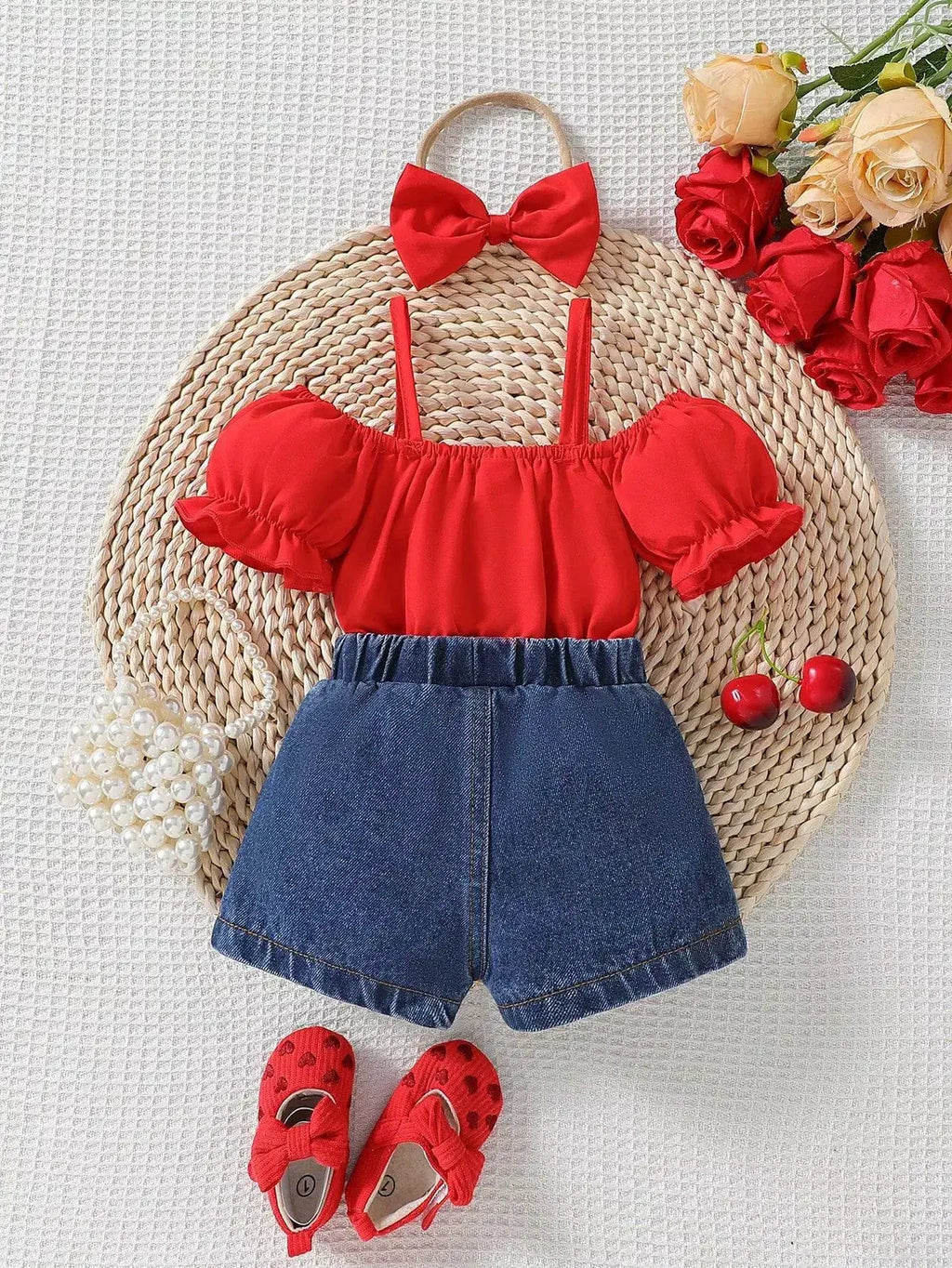 Children's Ruffled Top & Heart Embroidered Denim Shorts Set by Trendsi