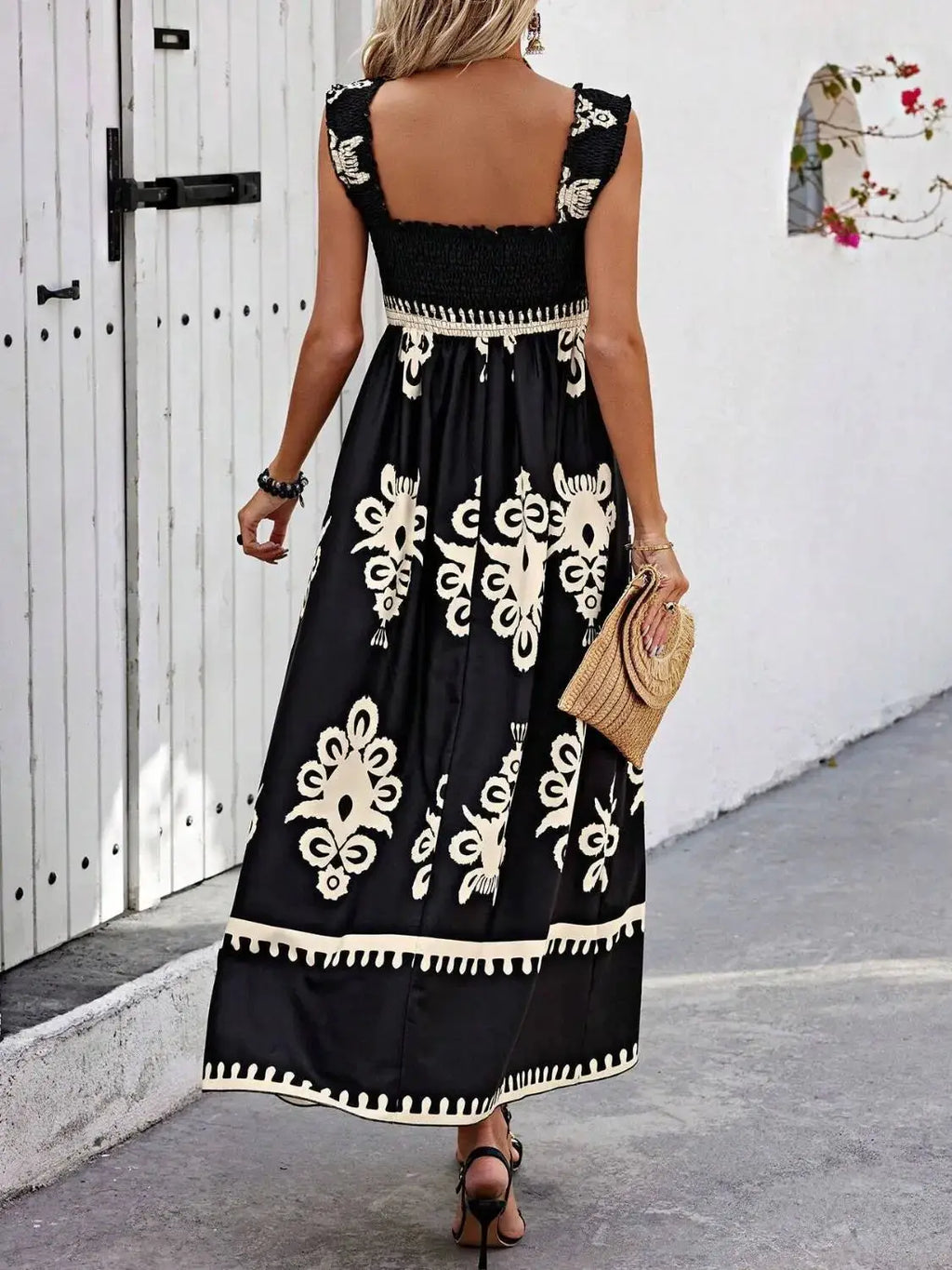 Smocked Printed Wide Strap Maxi Dress Trendsi