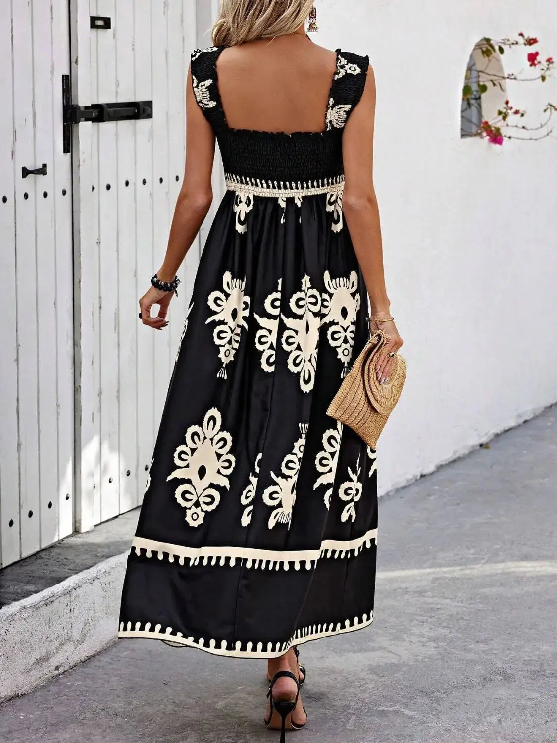 Smocked Printed Wide Strap Maxi Dress Trendsi
