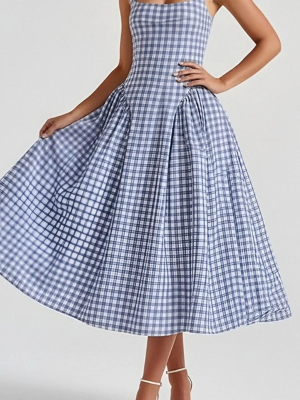 Women's Plaid Midi Dress – Square Neckline Plus Size