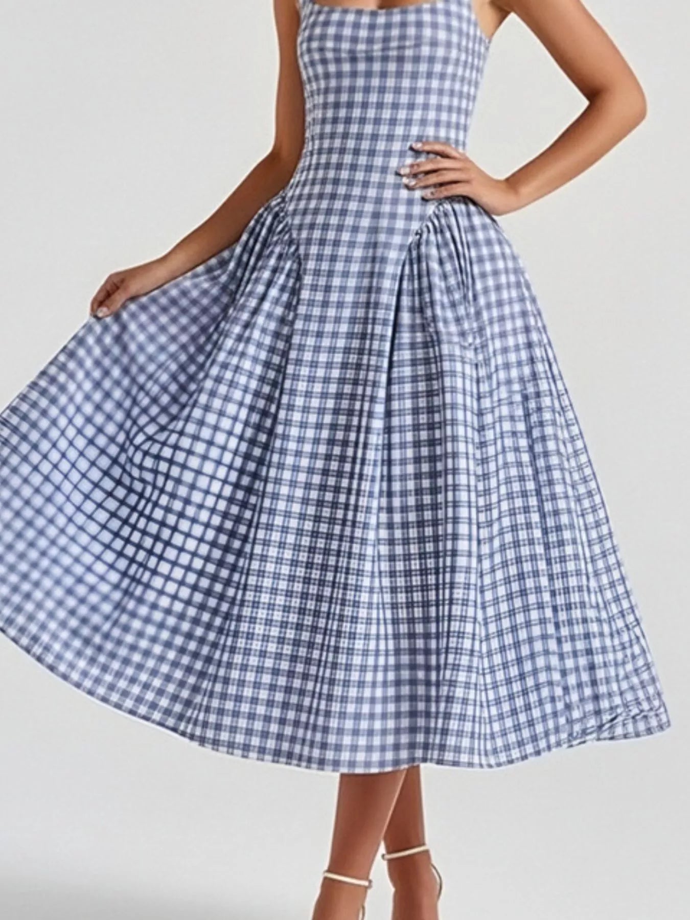 Women's Plaid Midi Dress – Square Neckline Plus Size