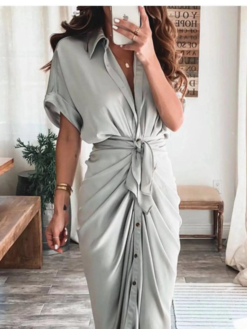 Tie-Waist Button-Down Midi Dress Trendsi