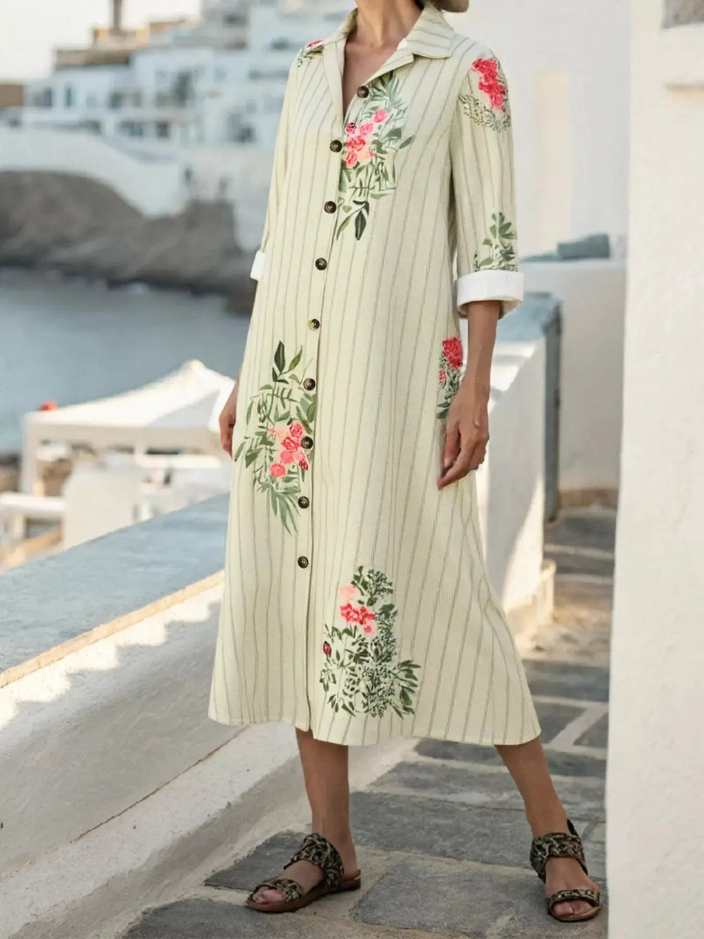Plus Size Floral Striped Button-Down Midi Shirt Dress Trendsi