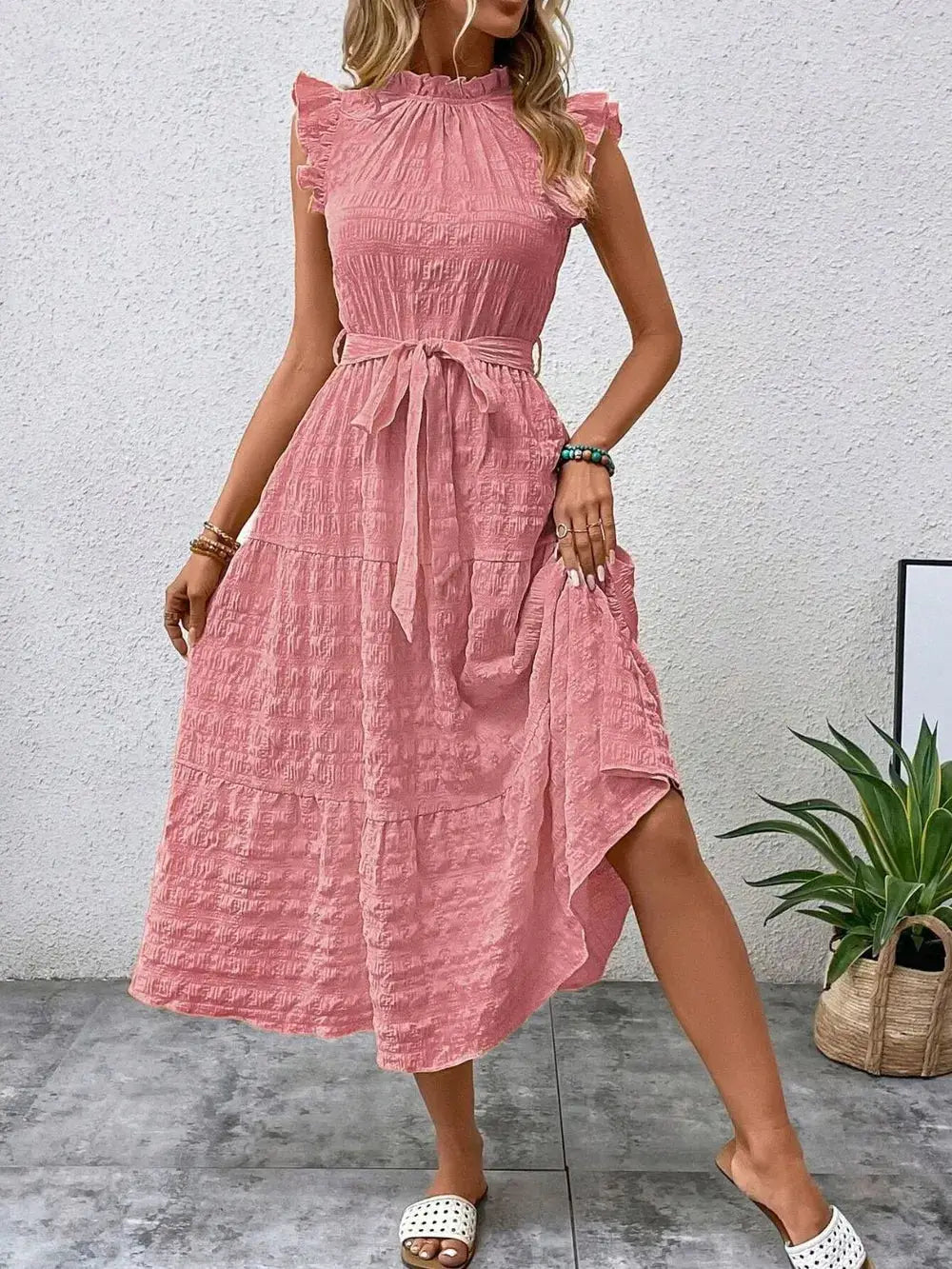 Tied Ruffled Cap Sleeve Midi Dress Trendsi