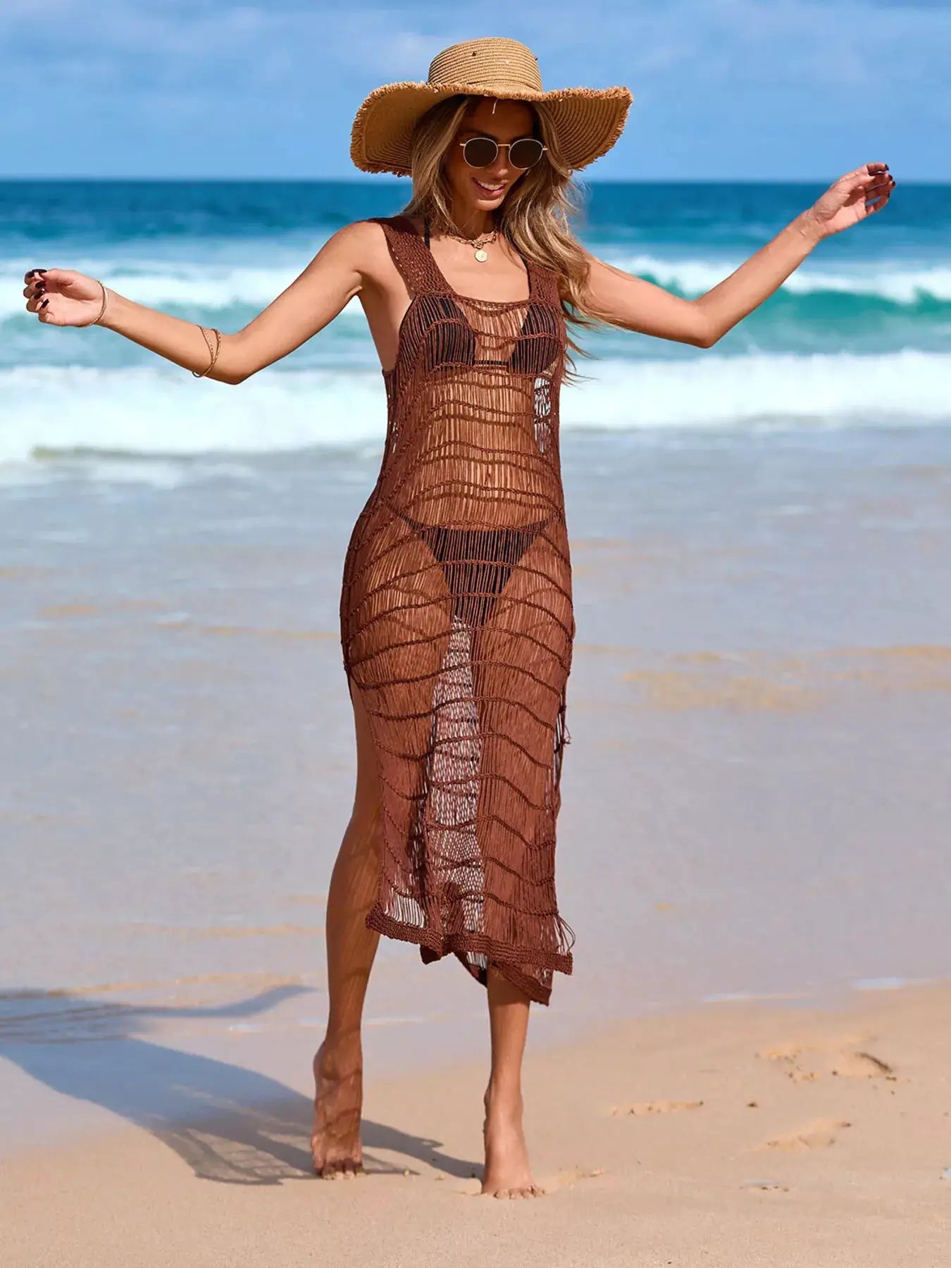 Sleeveless Crochet Knit Slit Cover-Up Dress by Trendsi