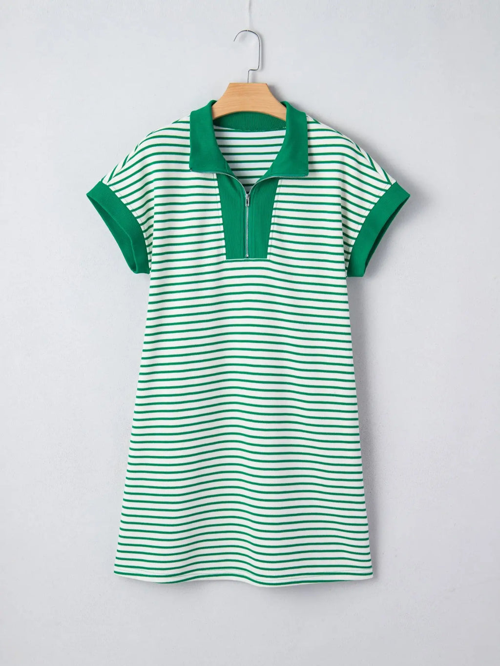 Stripe Quarter Zip Polo Collar T Shirt Dress with Pockets Trendsi