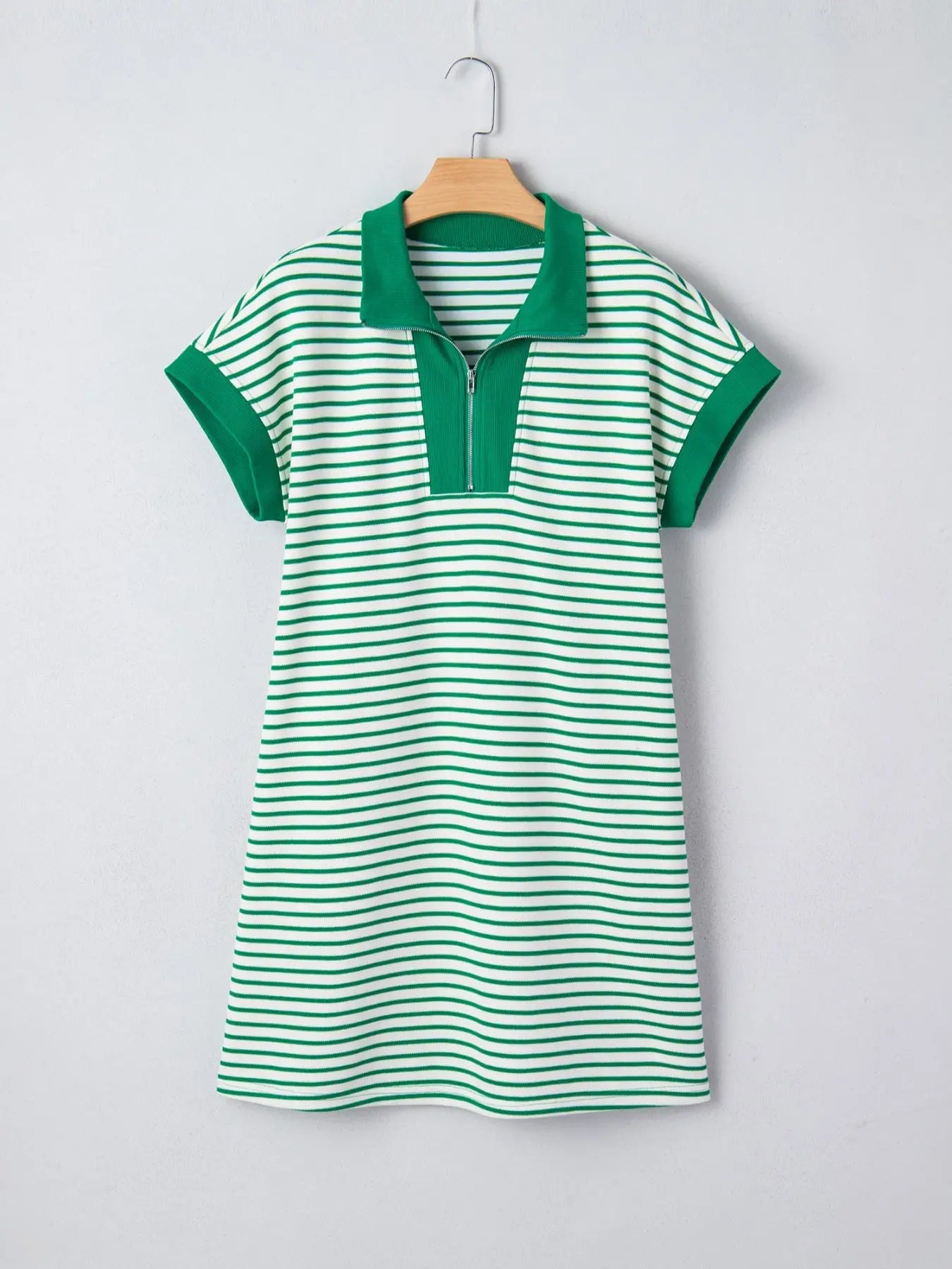 Stripe Quarter Zip Polo Collar T Shirt Dress with Pockets Trendsi