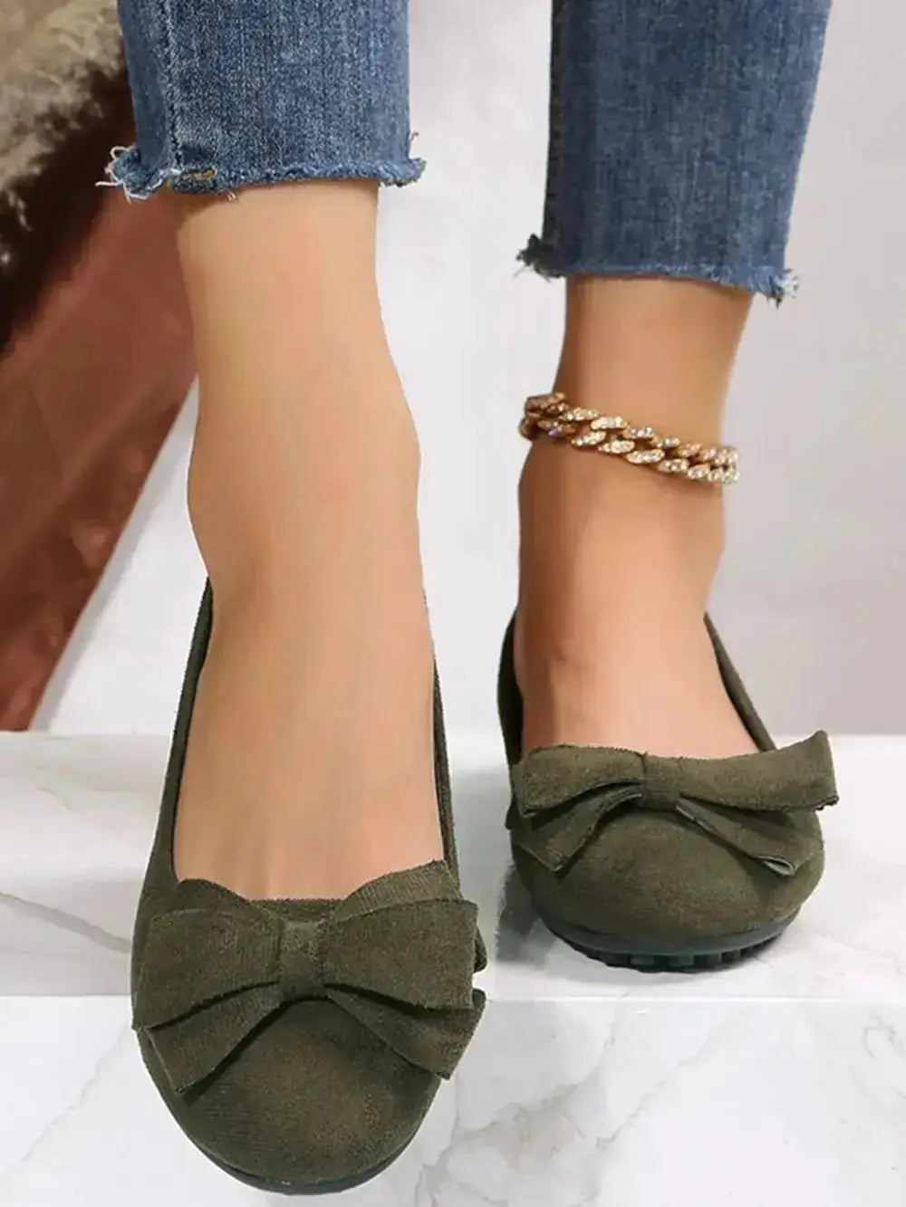 Bow Accent Flat Slip-Ons in Solid Color by Parfymia