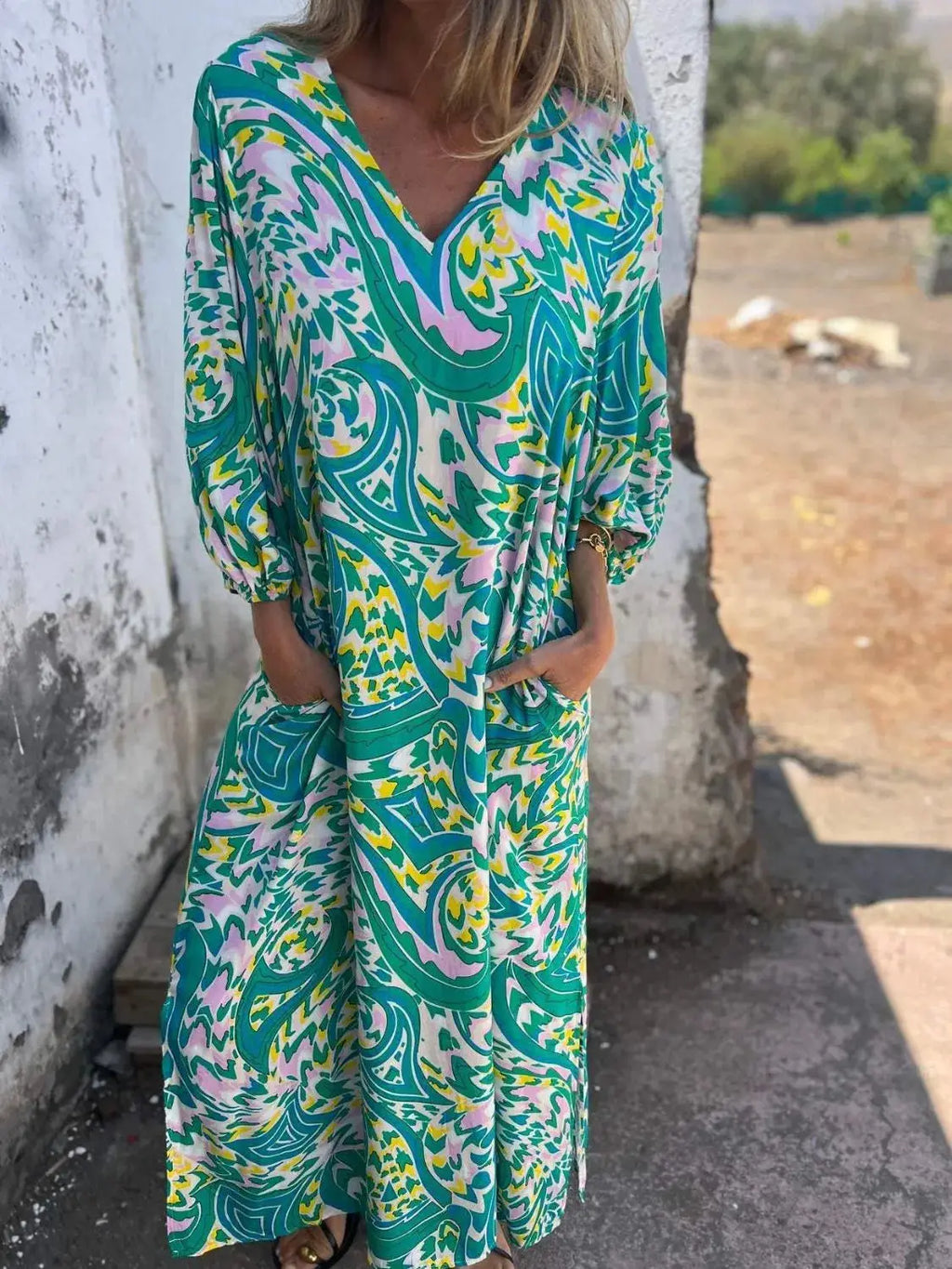 Full Size Printed V-Neck Dress with Pockets Plus Size Trendsi