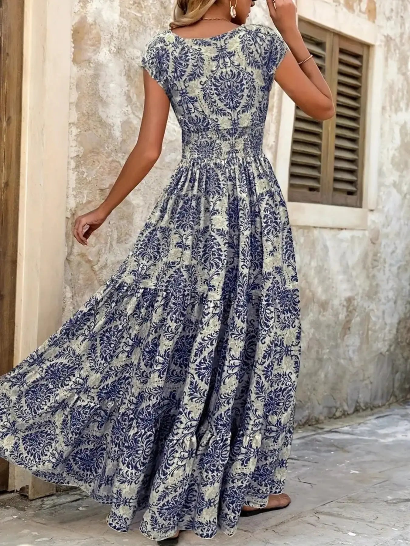 Printed Cap Sleeve Maxi Dress Trendsi