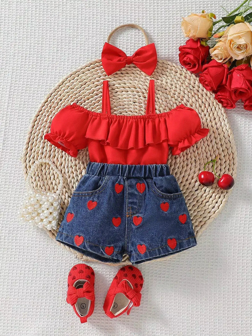 Children's Ruffled Top & Heart Embroidered Denim Shorts Set by Trendsi