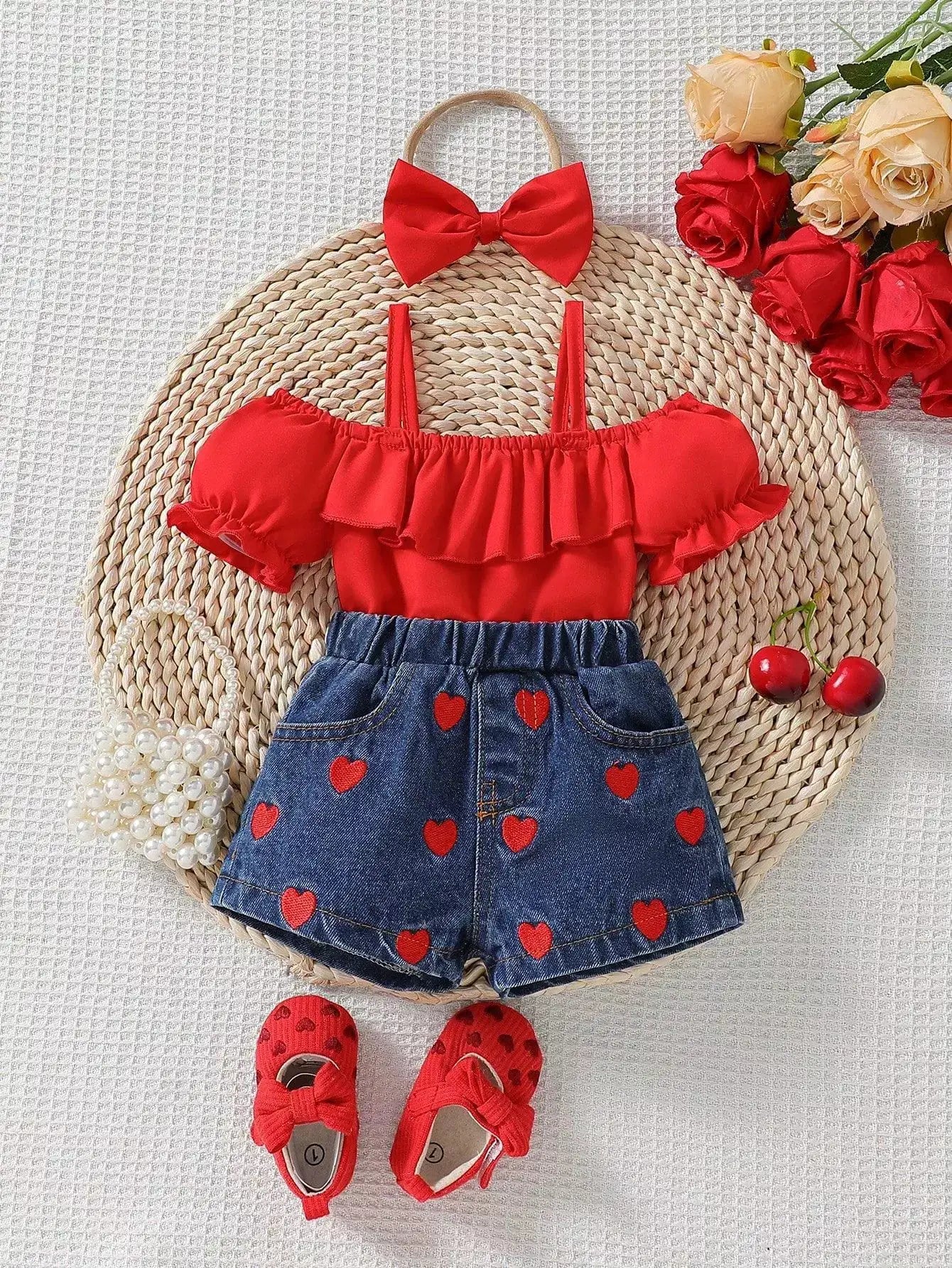 Children's Ruffled Top & Heart Embroidered Denim Shorts Set by Trendsi