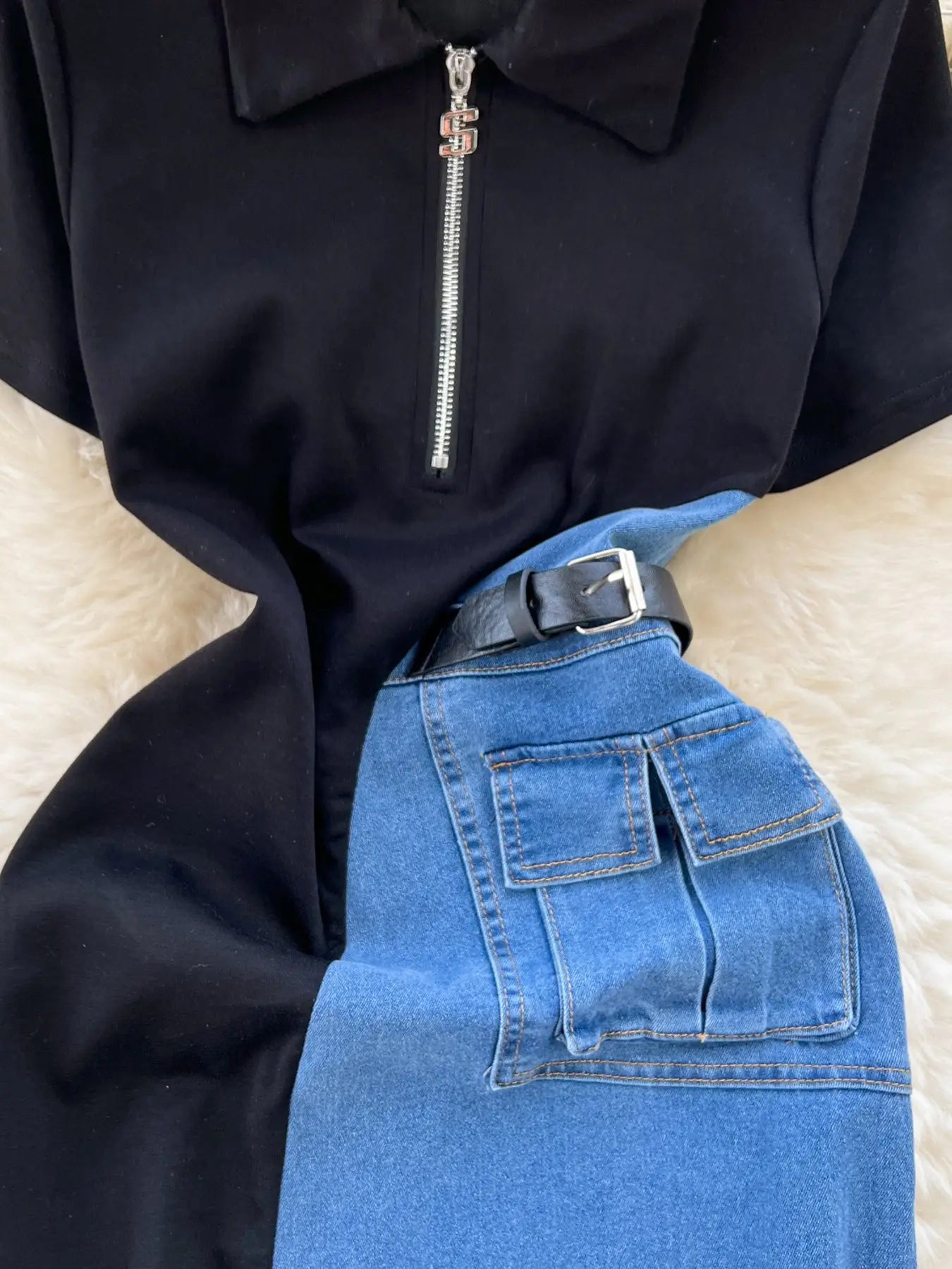 Full Size Color Block Denim Patchwork Short Sleeve Midi Dress Plus Size Trendsi