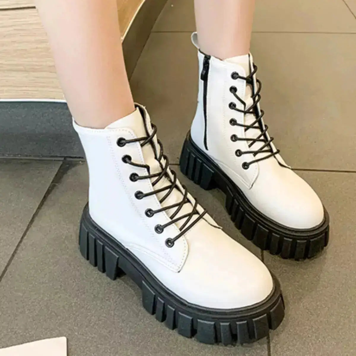 PU Leather Chunky Heel Lace-Up Boots by Parfymia