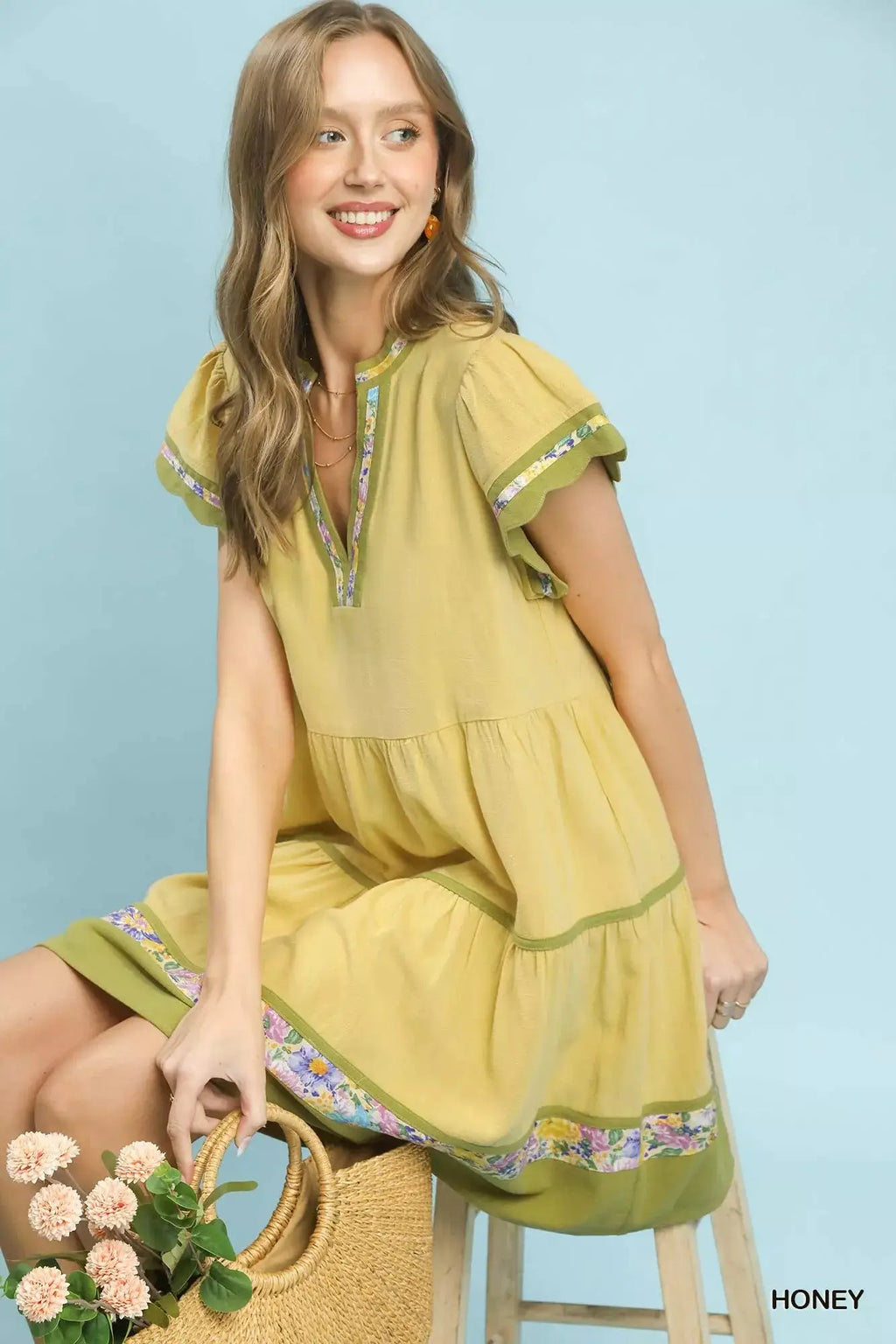 Umgee Linen Tiered Flutter Sleeve Dress with Floral Trim Trendsi
