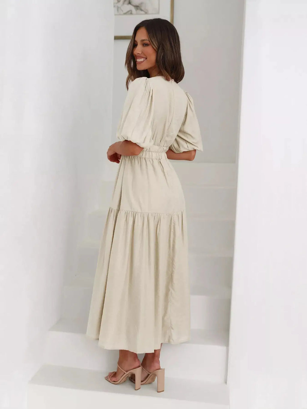 Tiered Puff Sleeve Midi Dress Trendsi