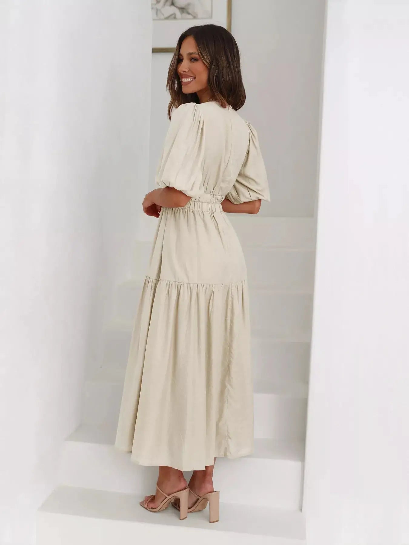 Tiered Puff Sleeve Midi Dress Trendsi