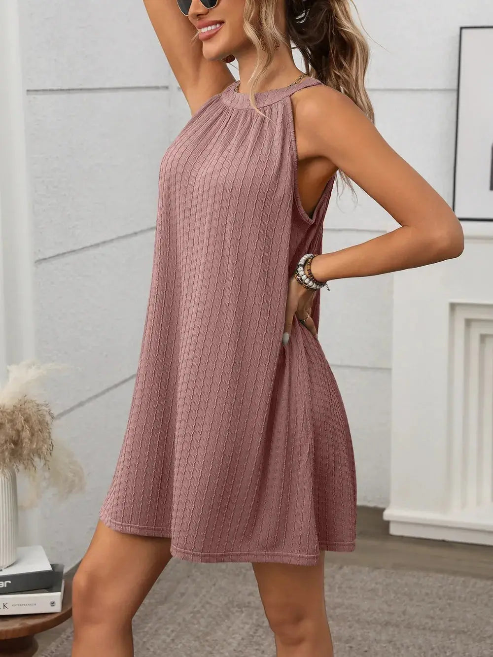 Textured Grecian Neck Mini Dress Trendsi
