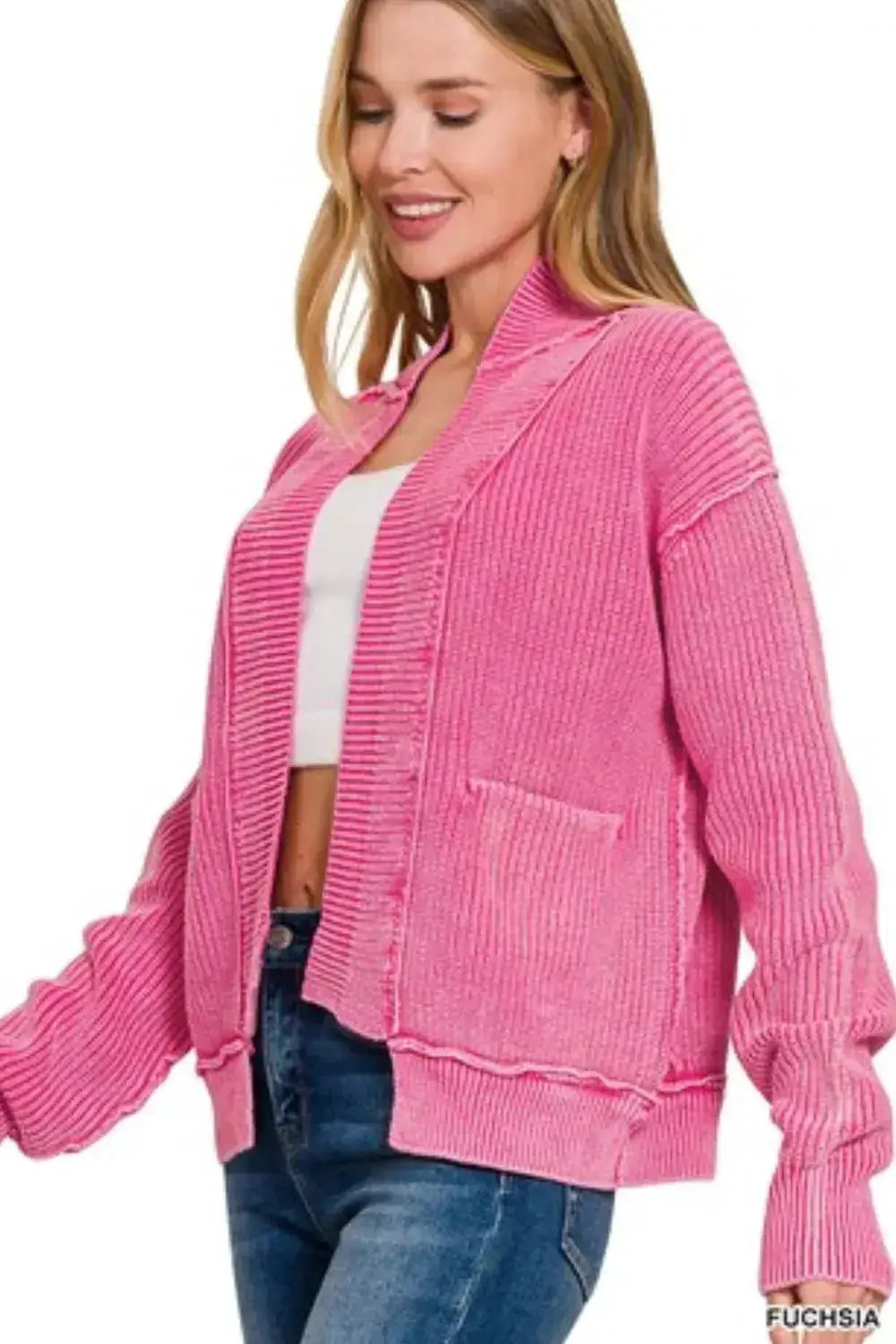 Zenana Washed Dropped Shoulder Cardigan With Side Pockets Pink Knit — Parfymia