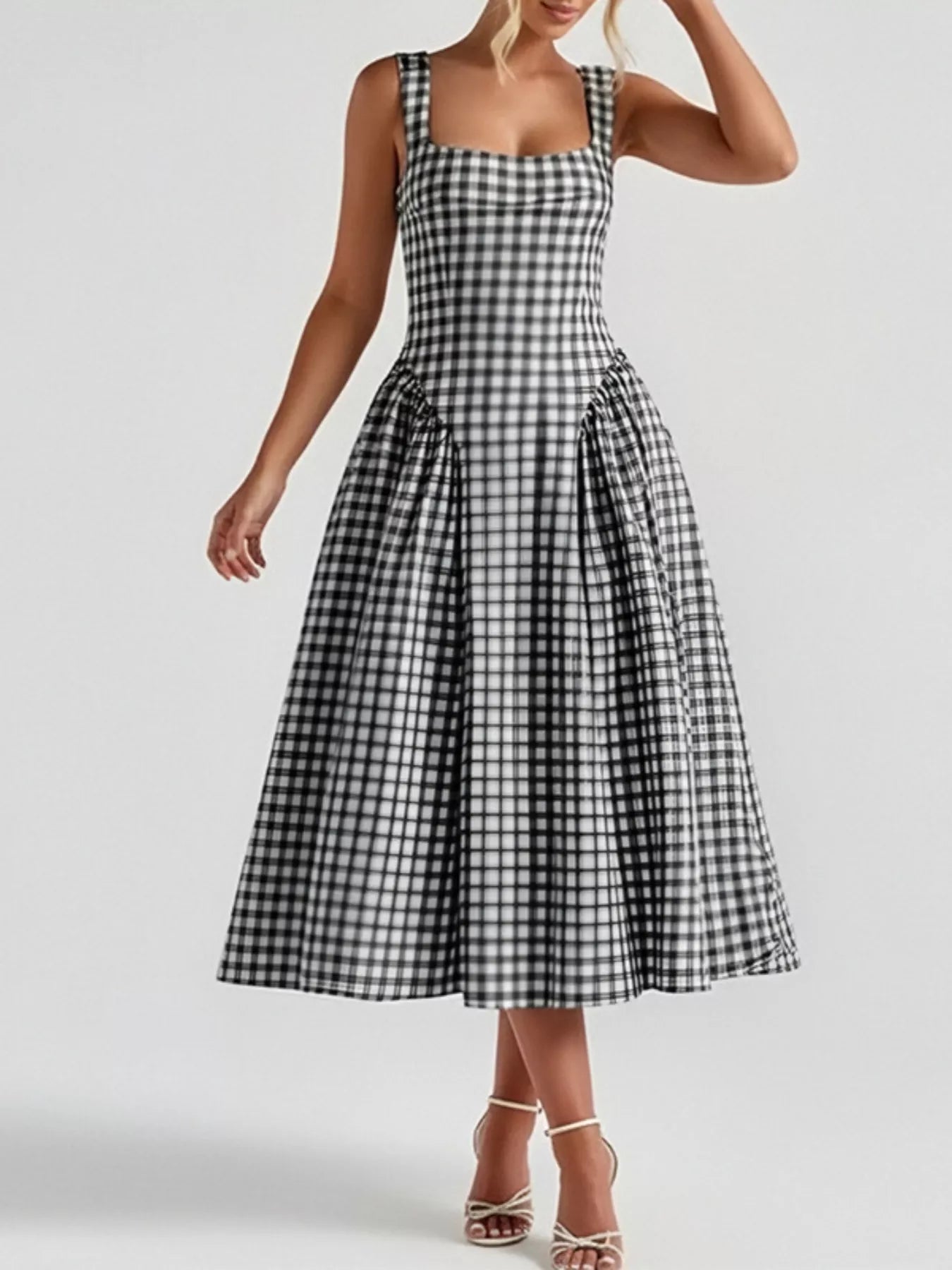 Women's Plaid Midi Dress – Square Neckline Plus Size
