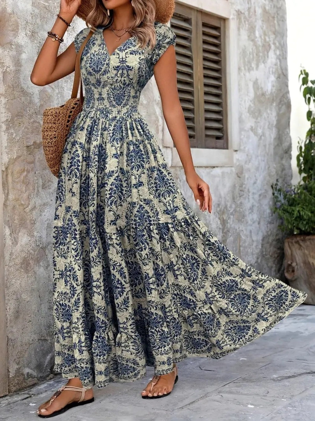Printed Cap Sleeve Maxi Dress Trendsi