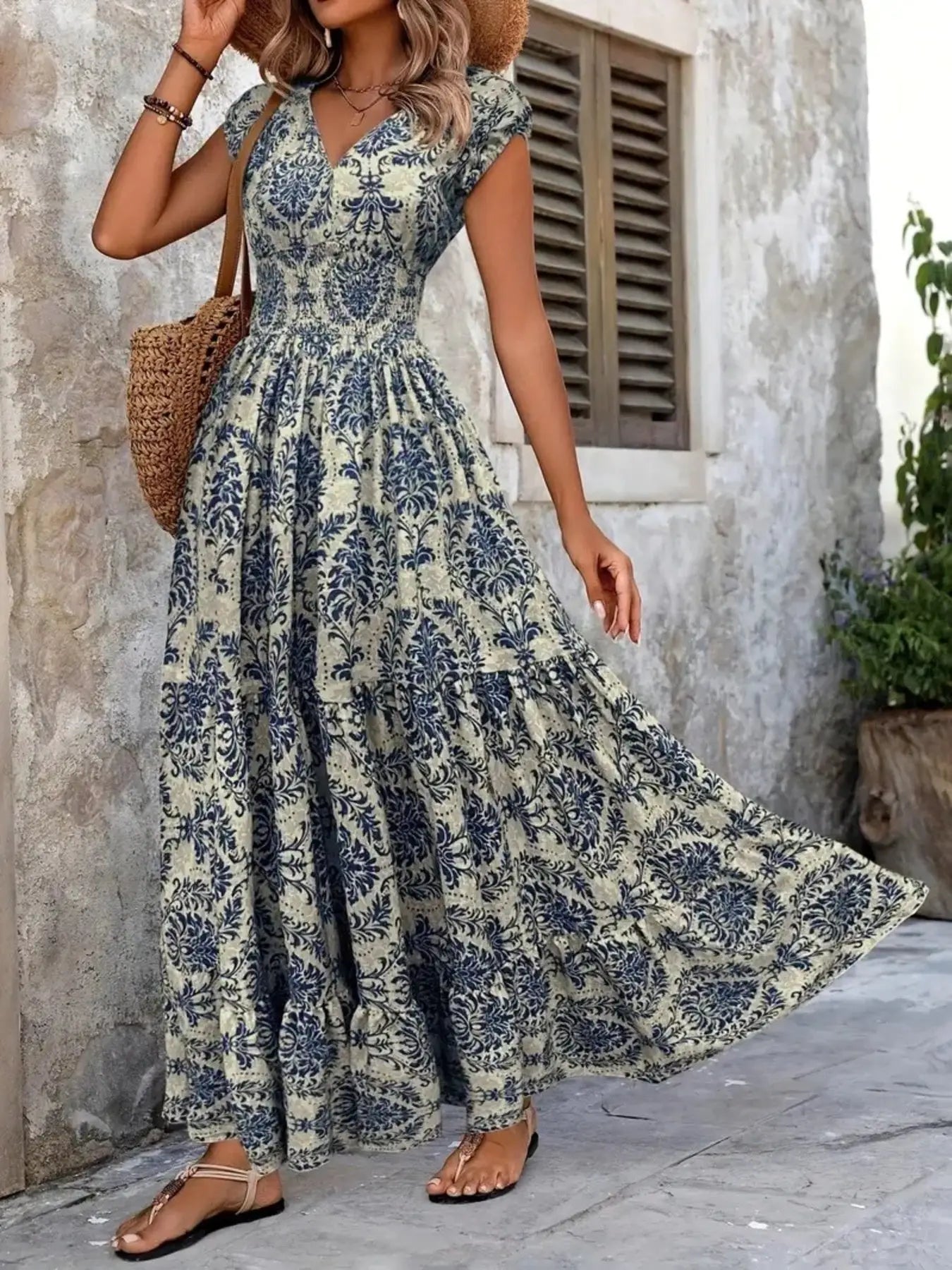 Printed Cap Sleeve Maxi Dress Trendsi