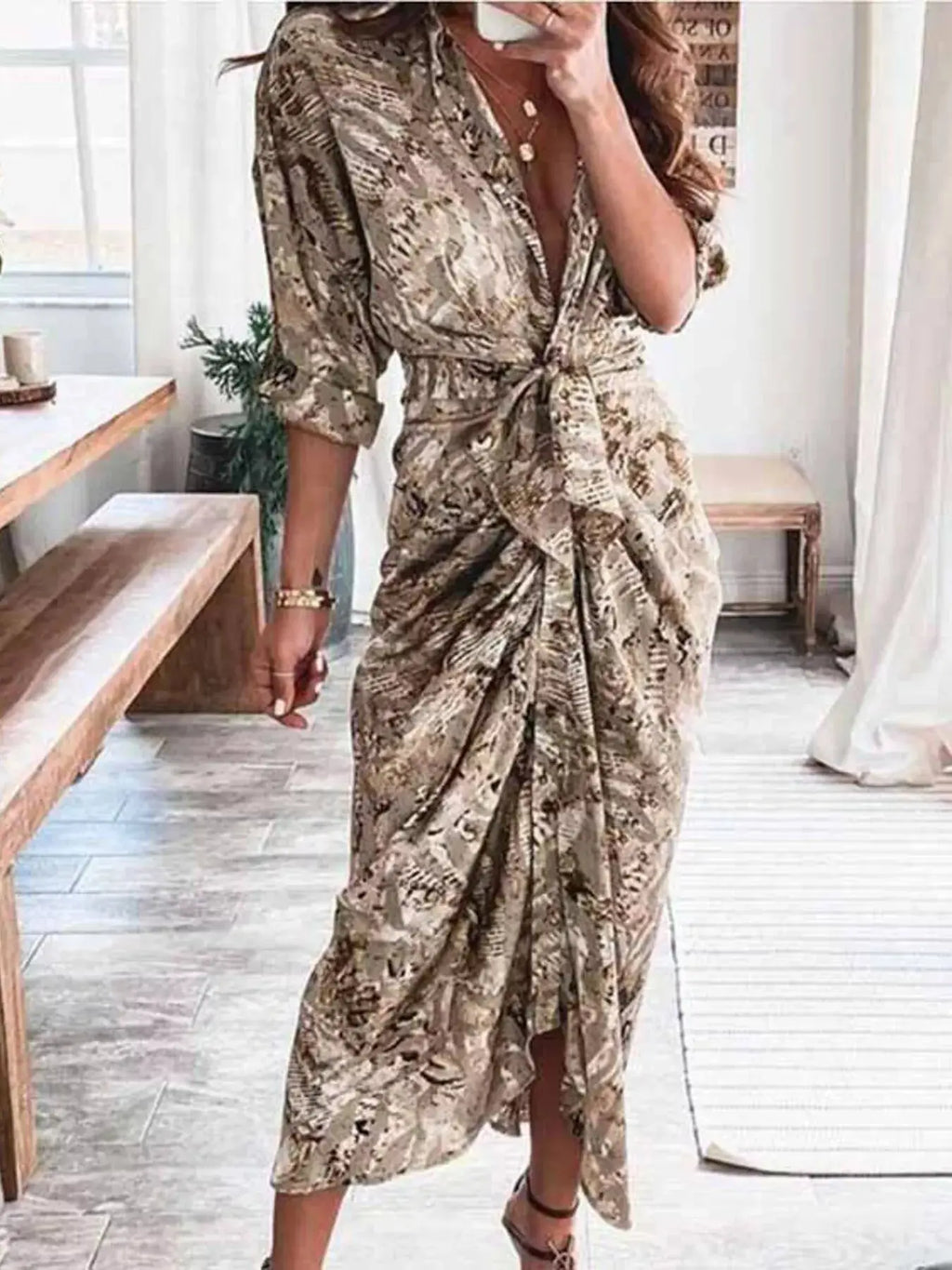 Tie-Waist Button-Down Midi Dress Trendsi