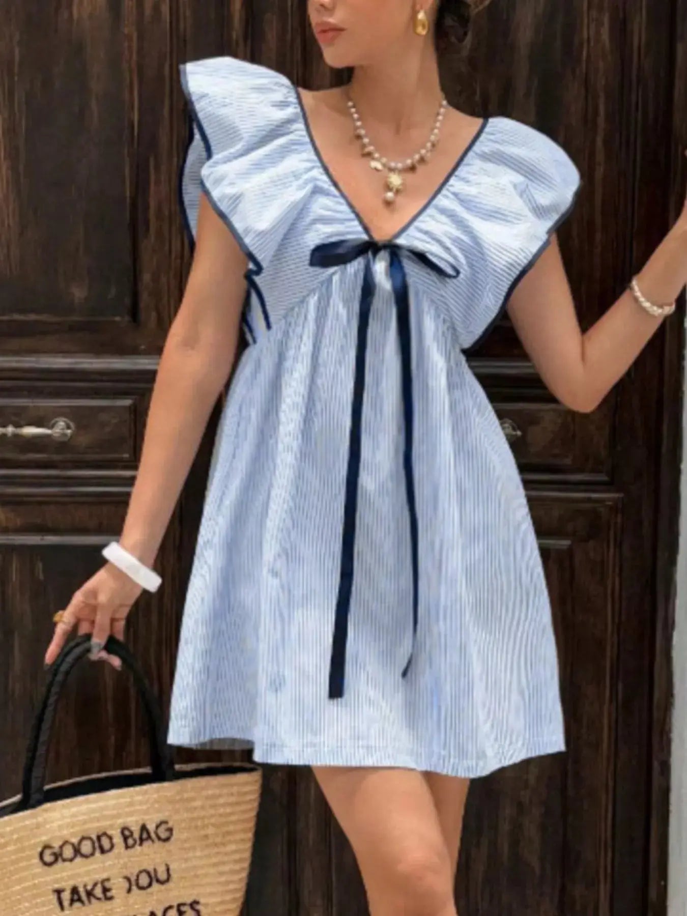 Striped Ruffle Sleeve Mini Dress Trendsi