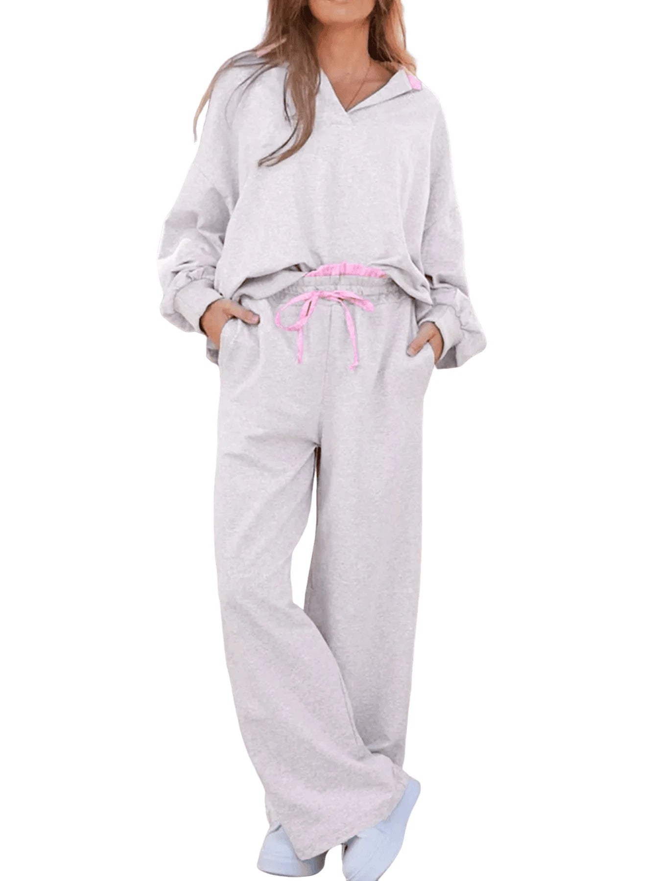 Contrasted Trim Frilled Collar Drop Shoulder Top and Drawstring Pant Set
