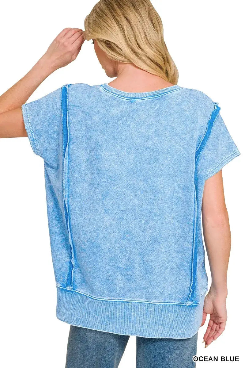 French Terry Halo Snow Washed Oversized Hi Low Crew Neck Top — Parfymia