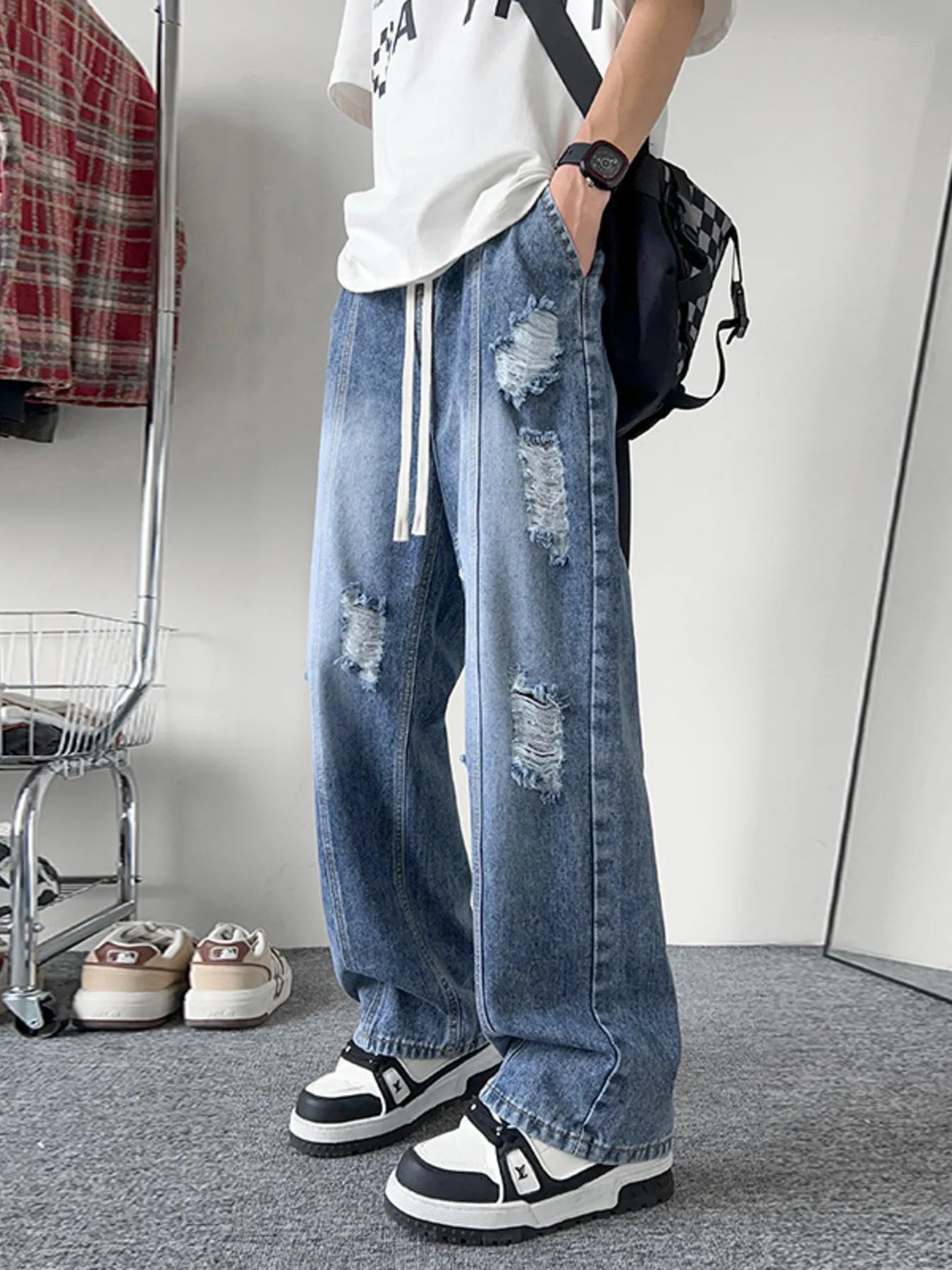 Men's Pants Distressed Wide Leg Jeans Plus Size