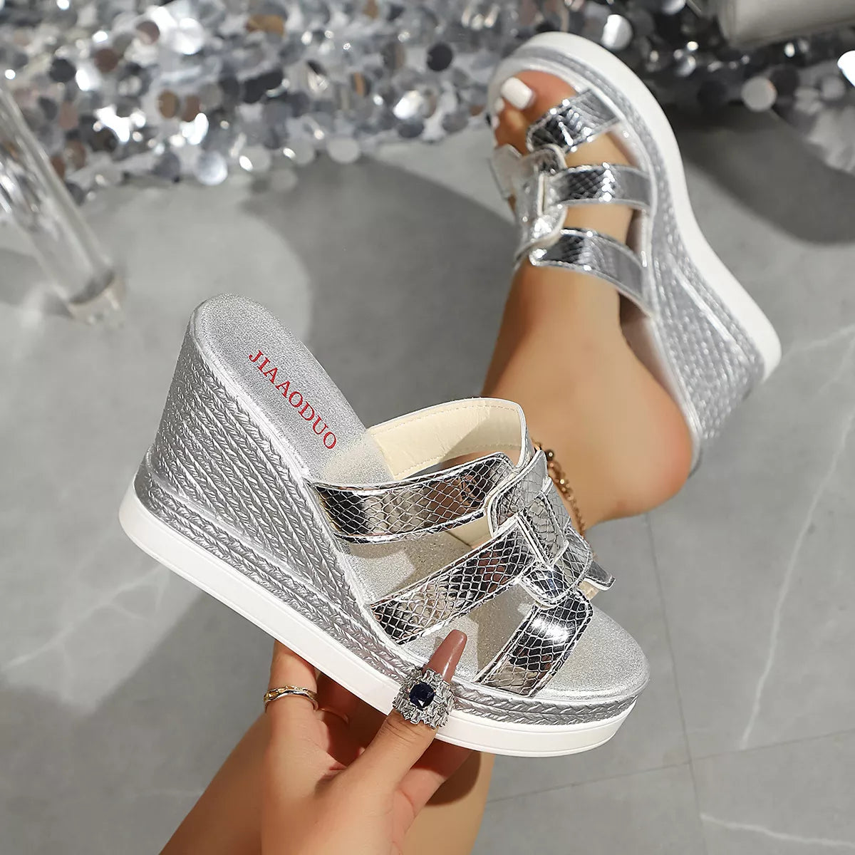 Women's Metallic Open Toe Wedge Sandals