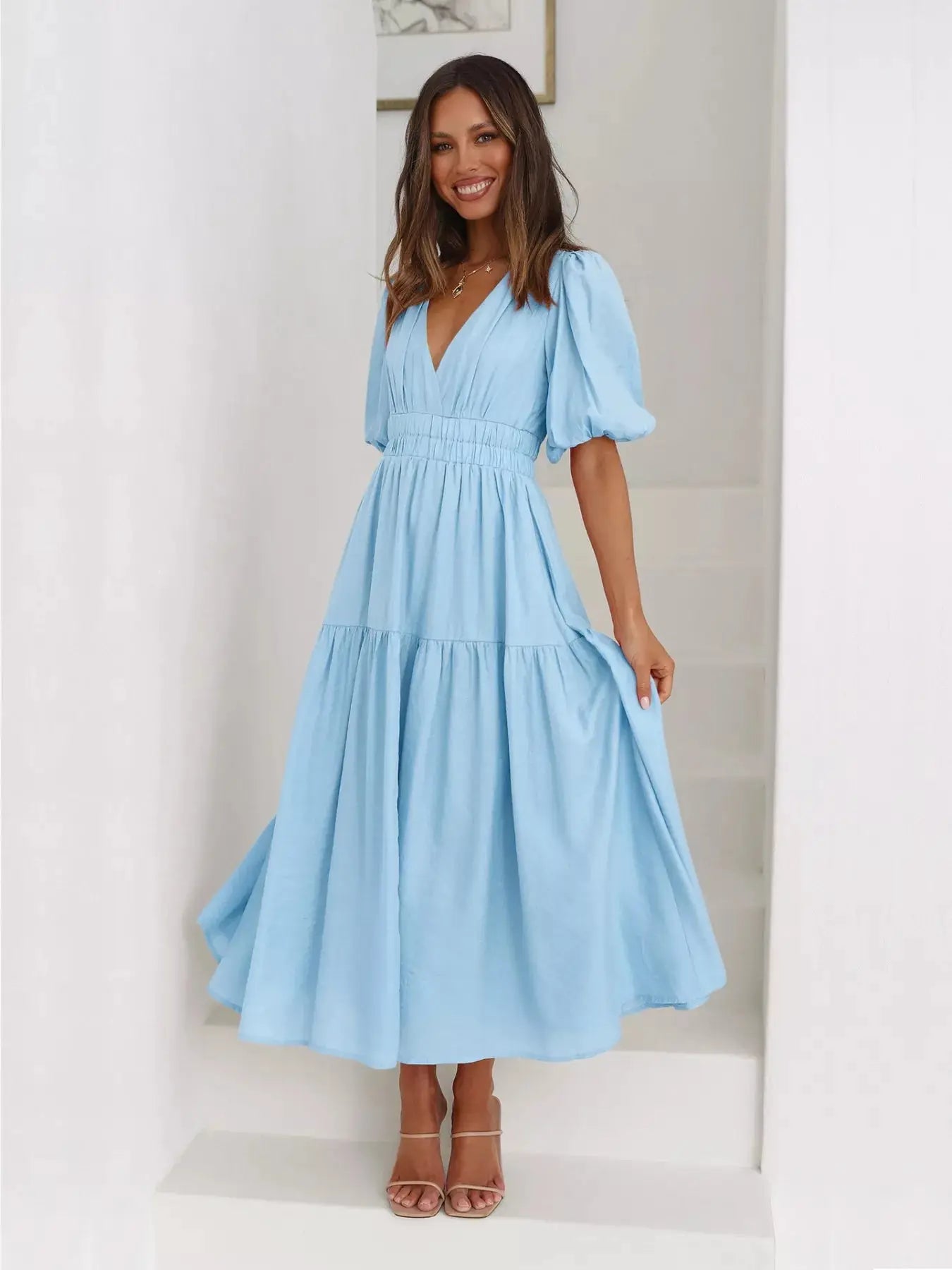 Tiered Puff Sleeve Midi Dress Trendsi