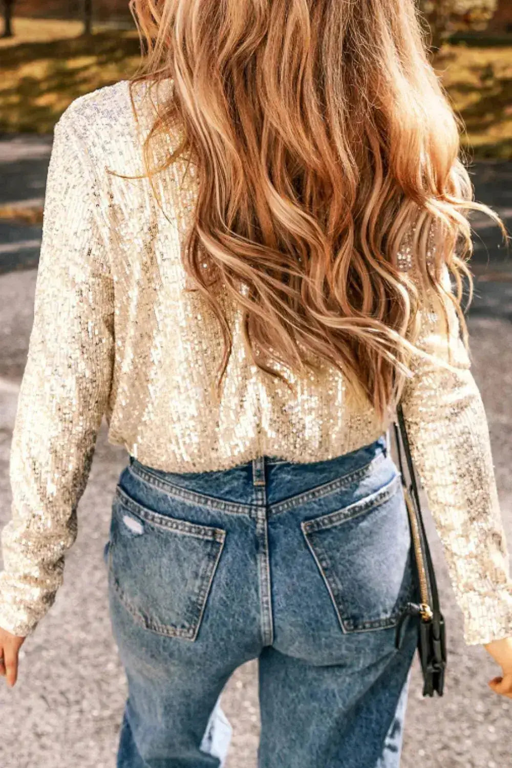Sequin Surplice Long Sleeve Bodysuit by Parfymia