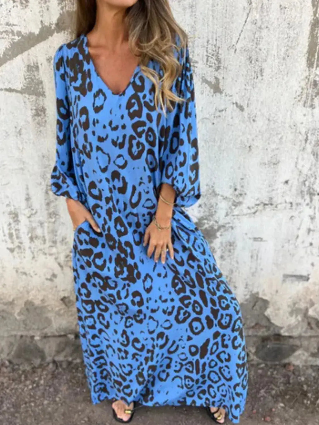 Full Size Printed V-Neck Dress with Pockets Plus Size Trendsi