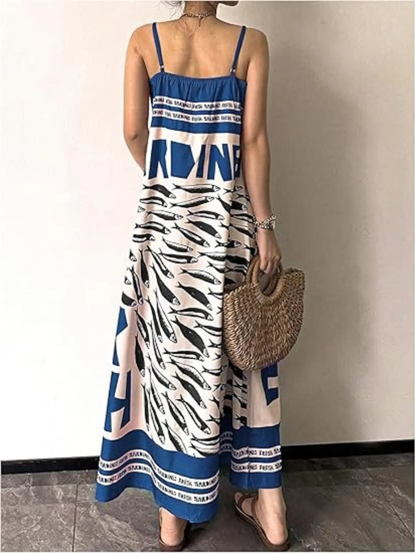 Sardine Print Spaghetti Strap Maxi Dress Trendsi