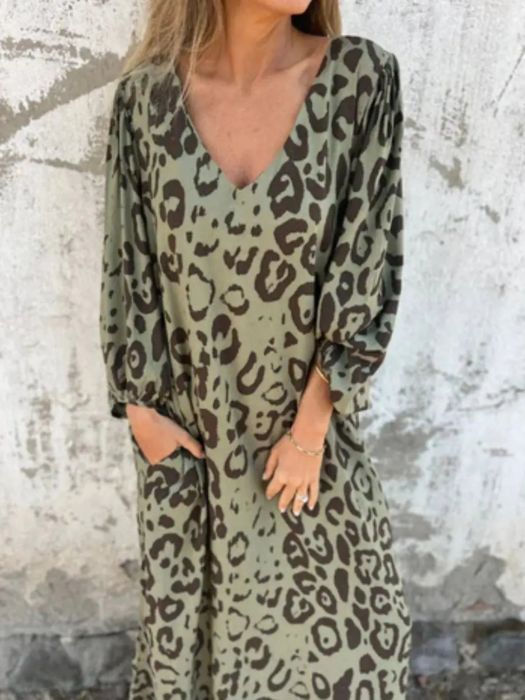 Full Size Printed V-Neck Dress with Pockets Plus Size Trendsi