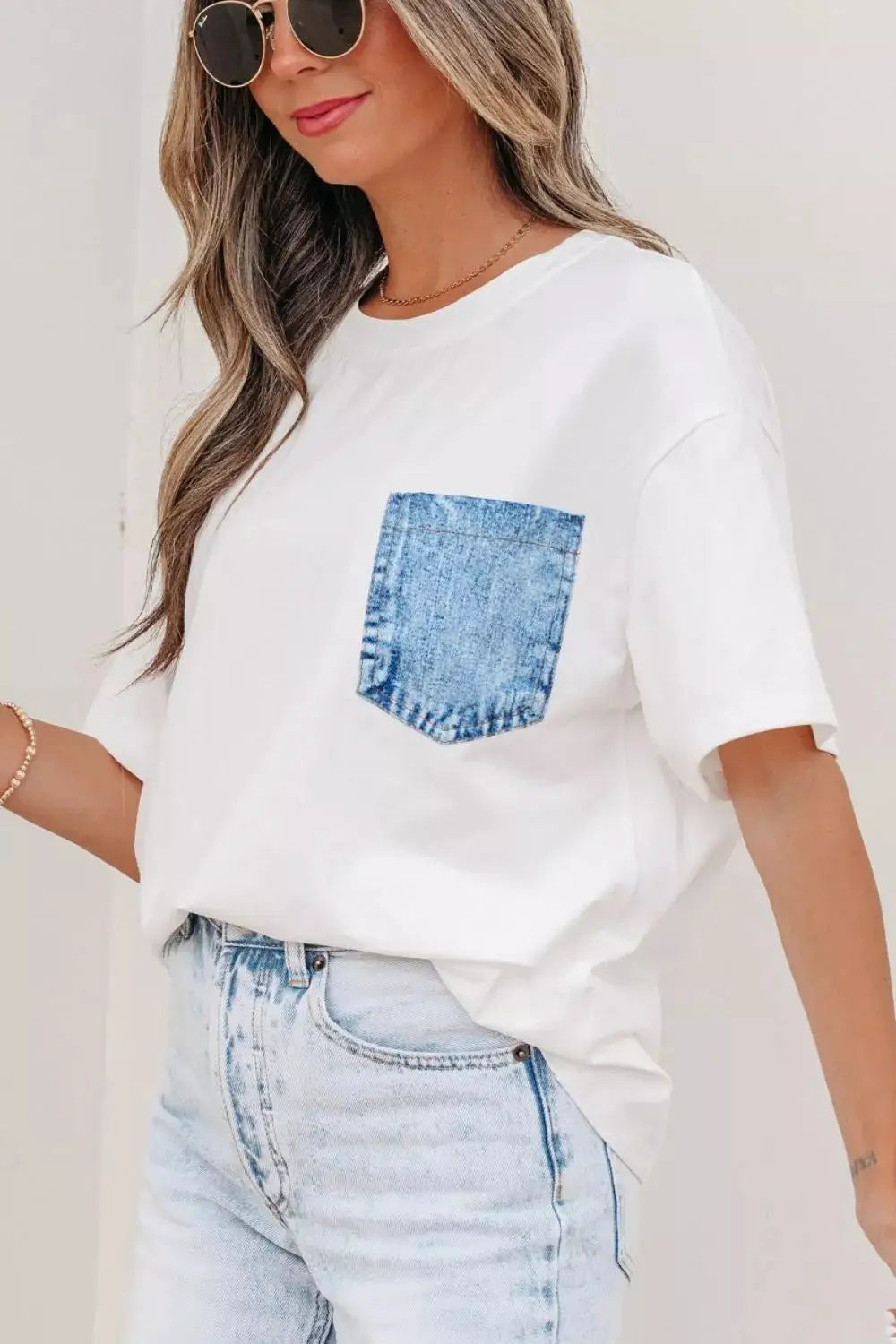 Color Block Chest Pocket Patched Casual Short Sleeve Top by Trendsi