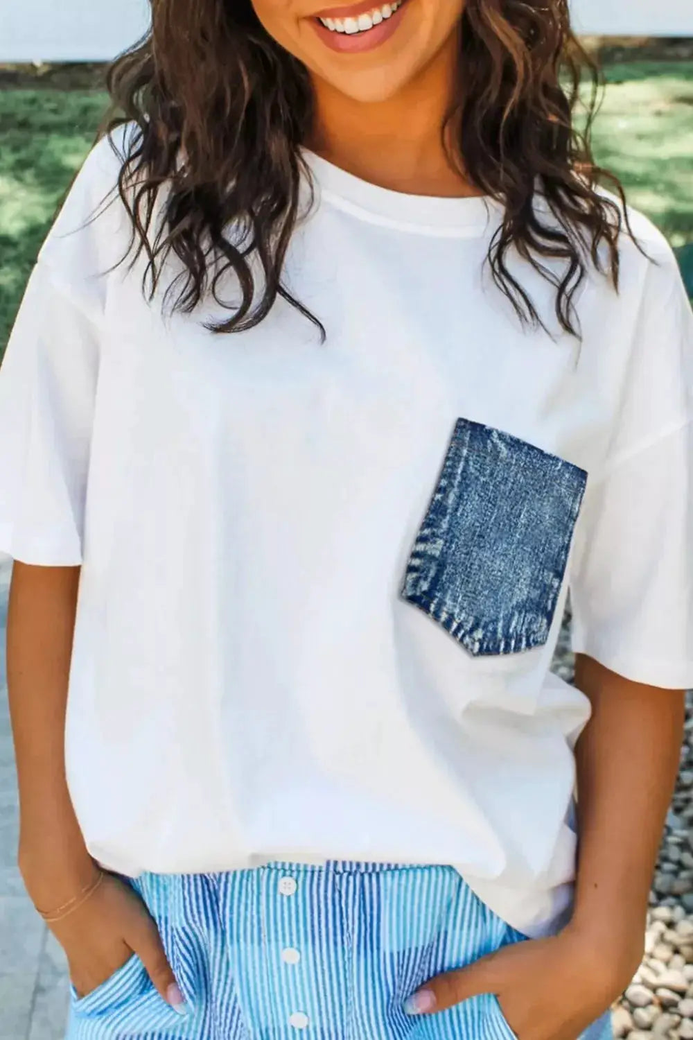 Color Block Chest Pocket Patched Casual Short Sleeve Top by Trendsi