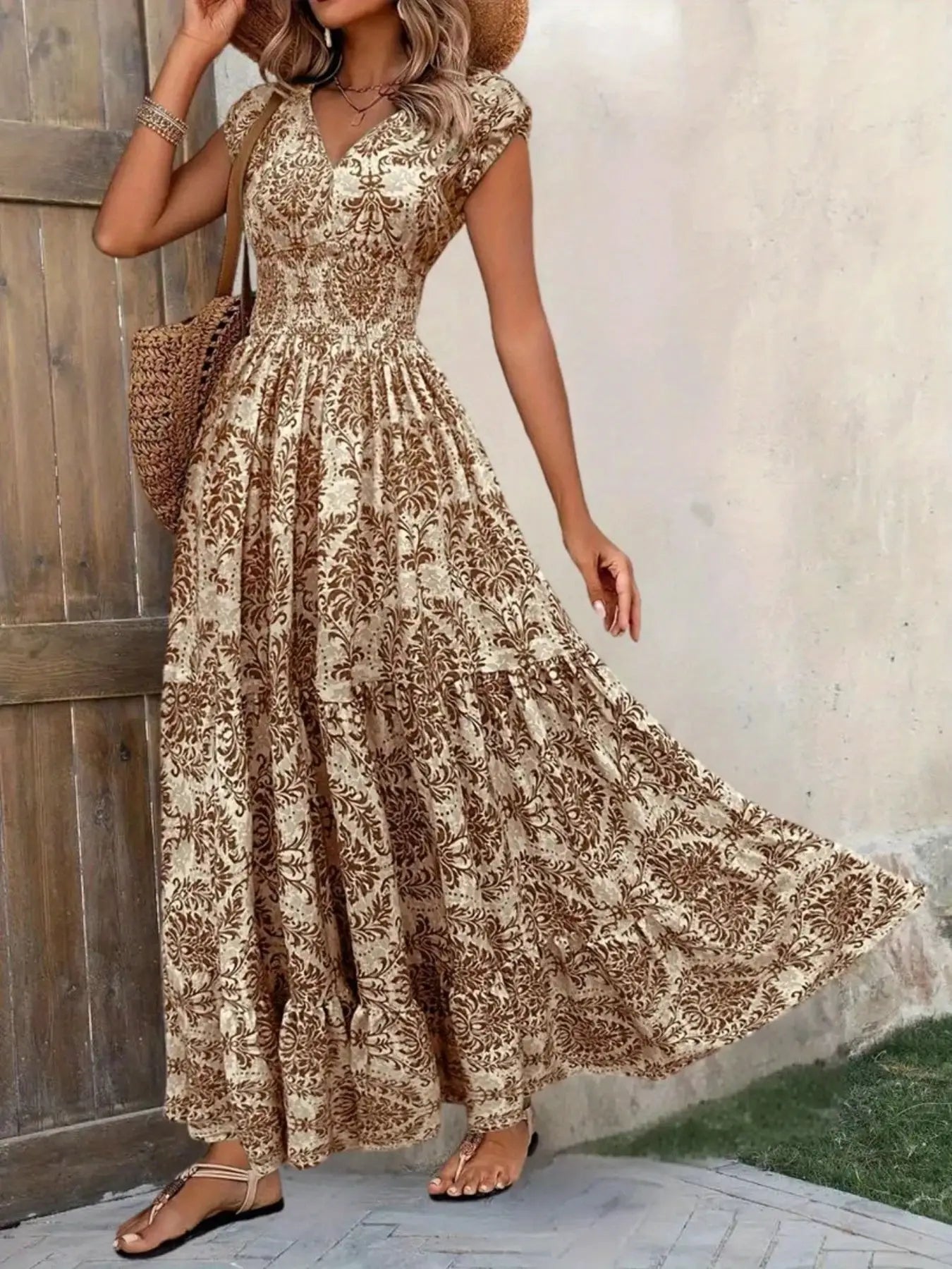 Printed Cap Sleeve Maxi Dress Trendsi