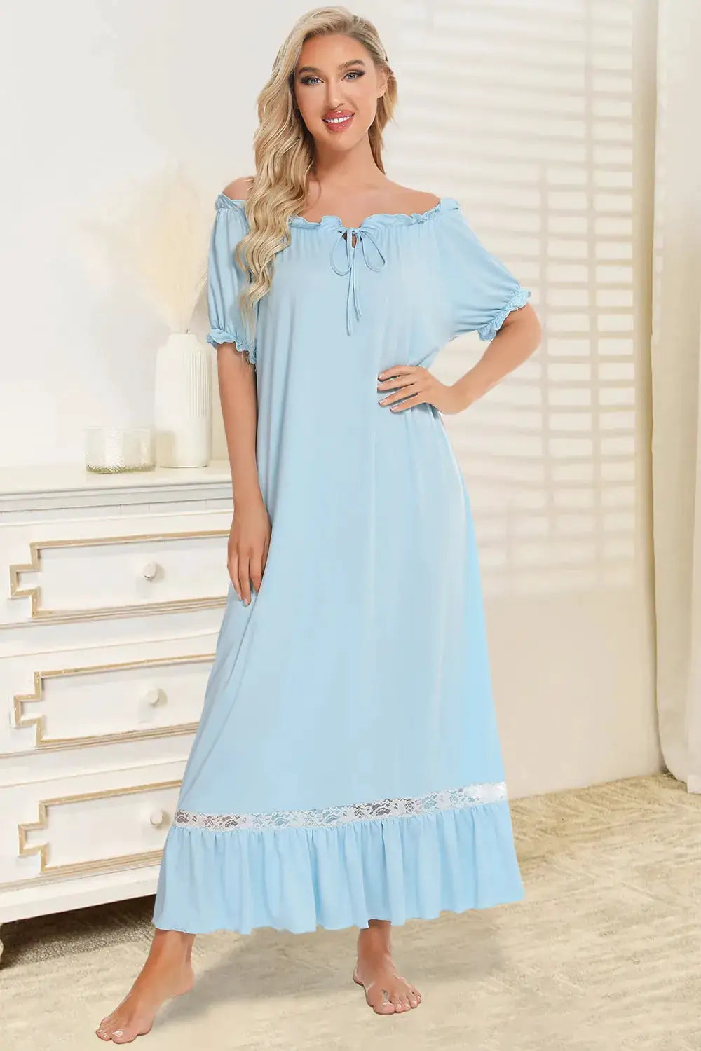 Women's Loungewear Maxi Dress – Lace Off-Shoulder
