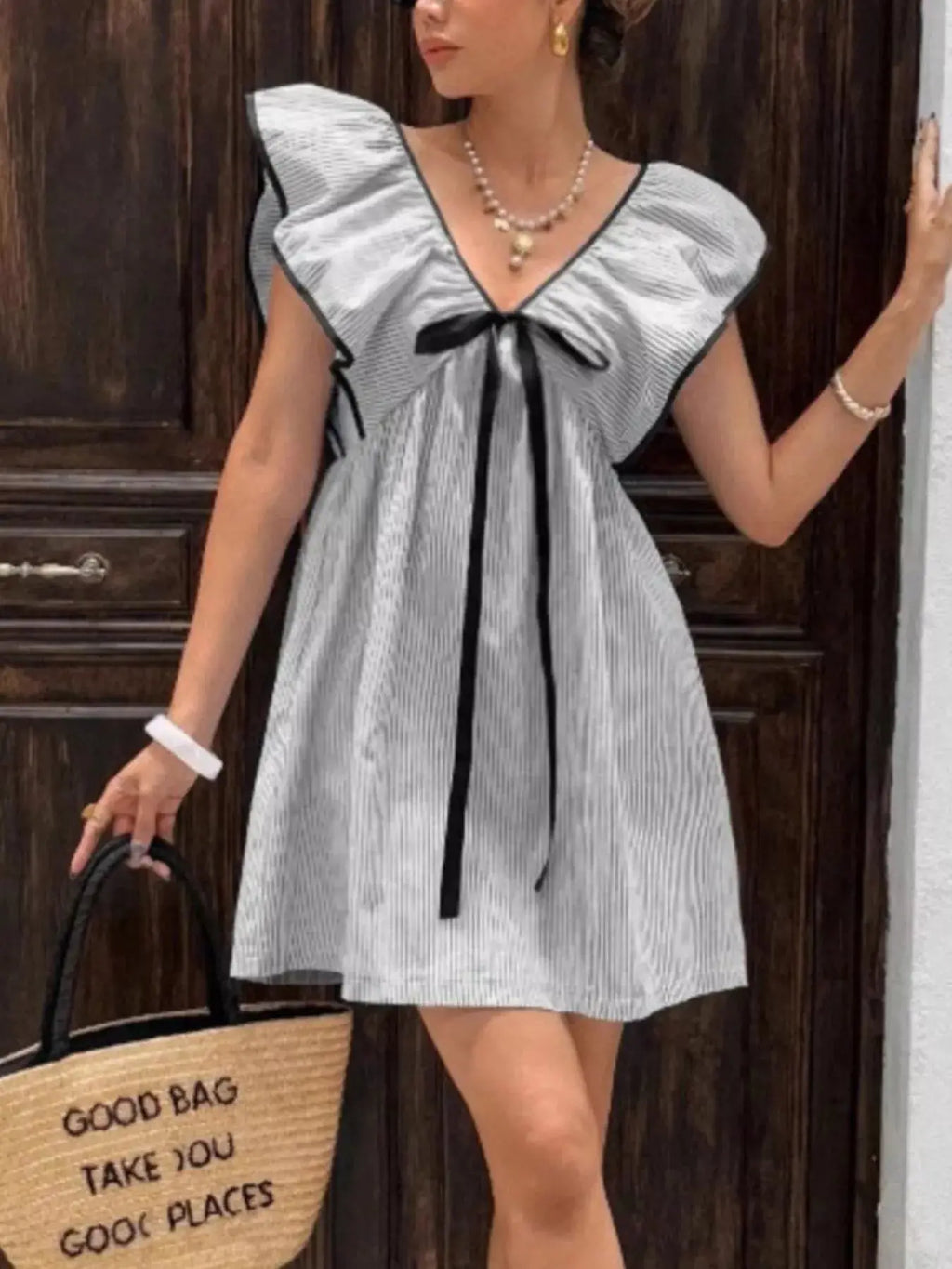 Striped Ruffle Sleeve Mini Dress Trendsi