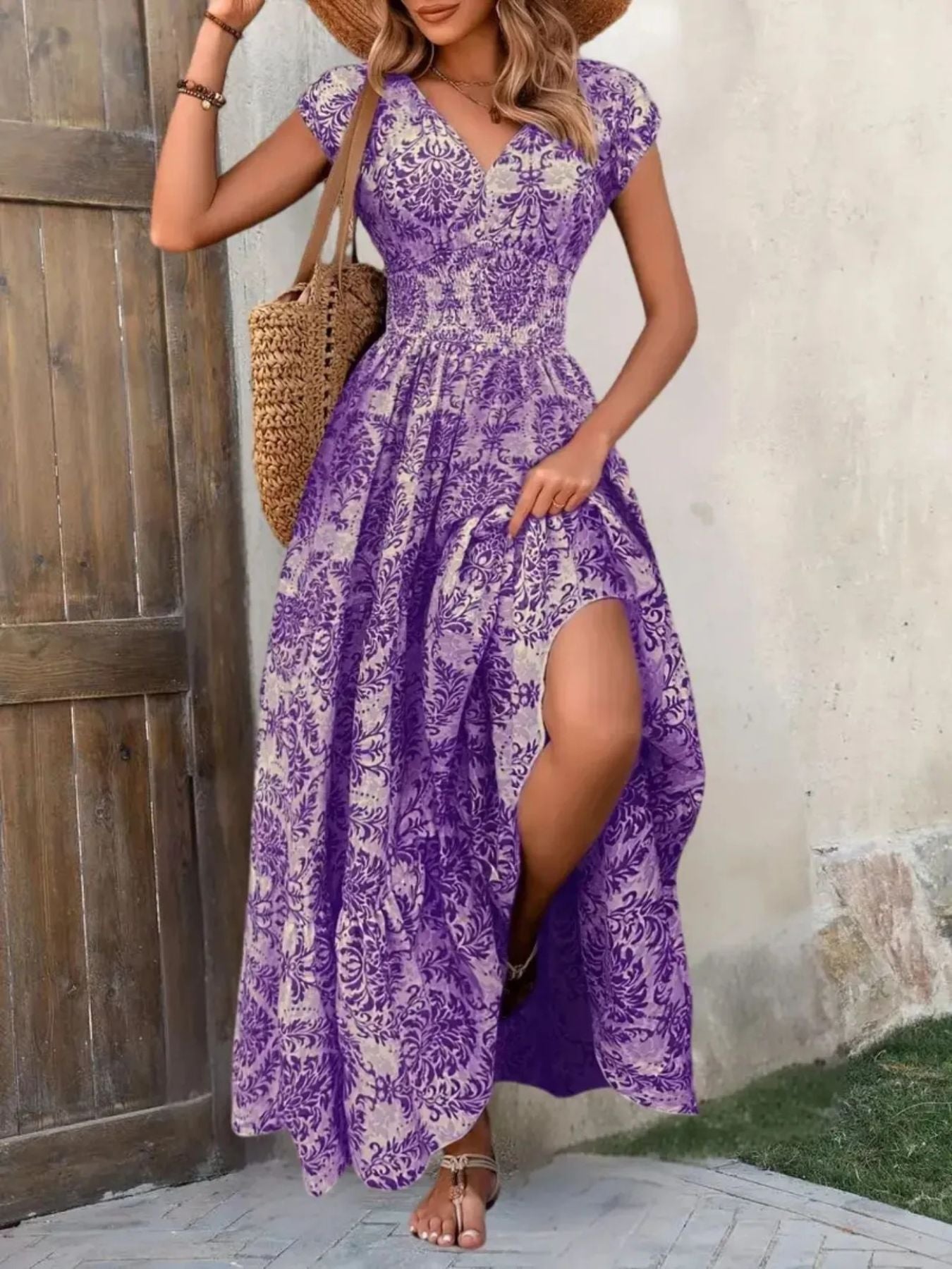 Printed Cap Sleeve Maxi Dress Trendsi